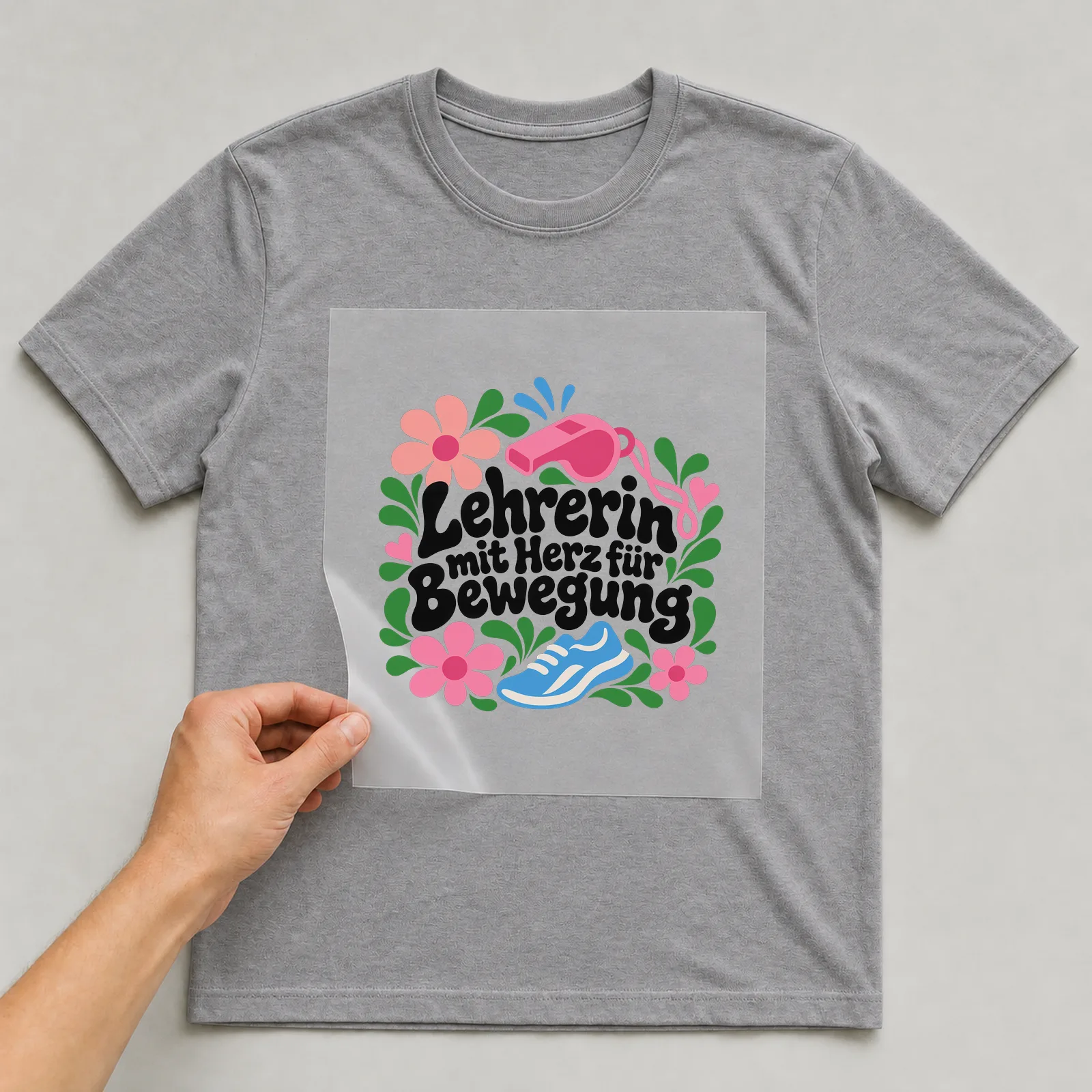 Bügelbild „Lehrerin mit Herz für Bewegung“ auf grauem T-Shirt, Folie wird aufgelegt