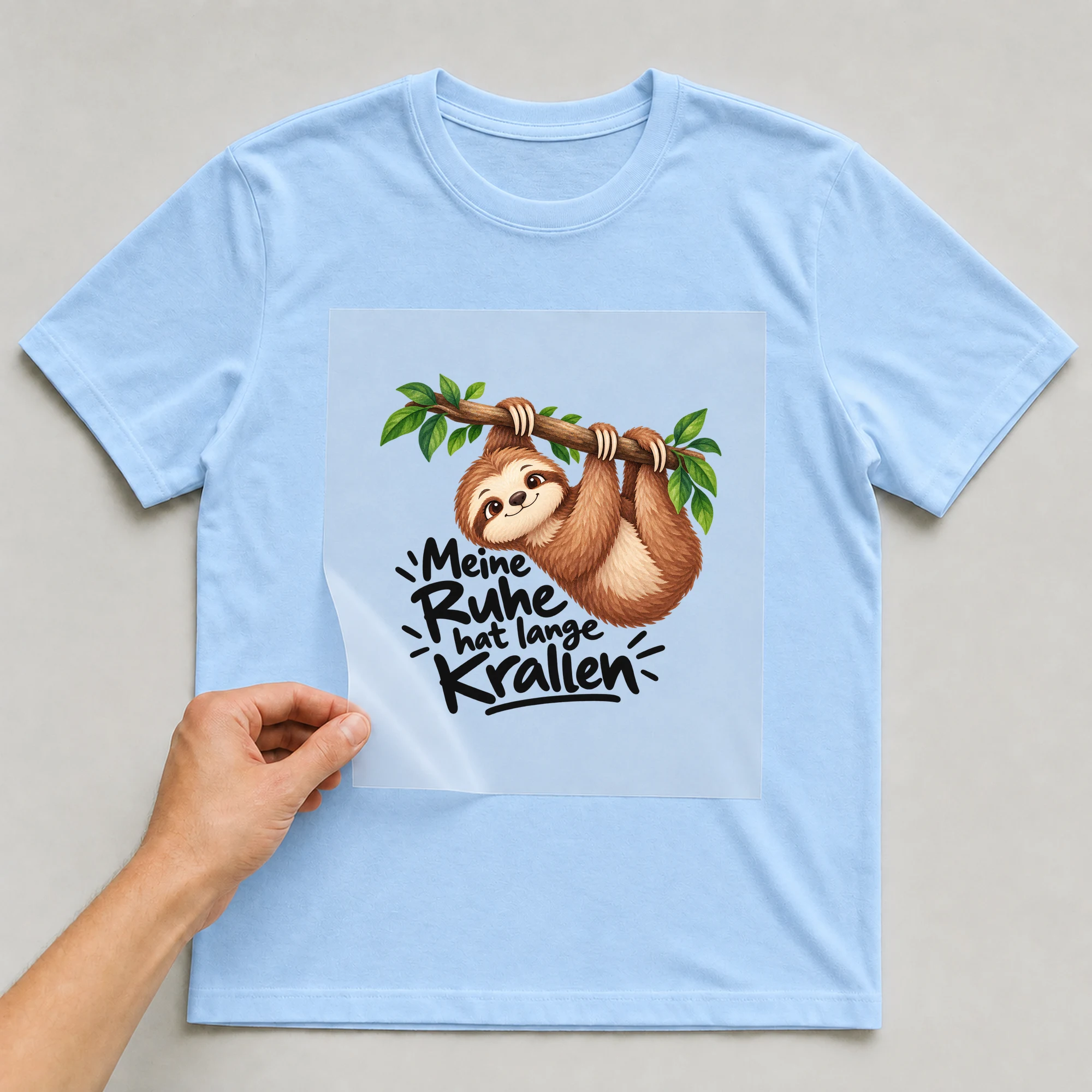 Bügelbild „Meine Ruhe hat lange Krallen“ auf hellblauem T-Shirt, Folie wird aufgelegt