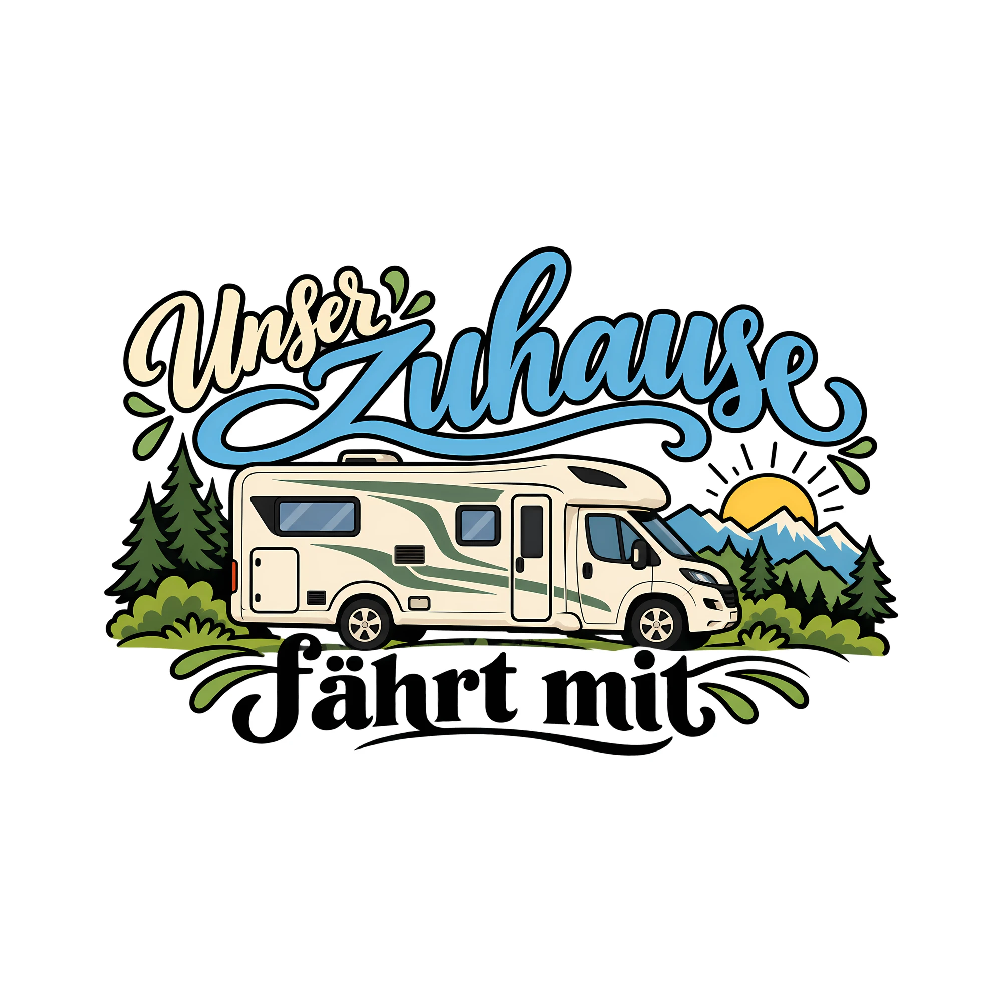 Bügelbild Unser Zuhause fährt mit als Grafik auf weißem Hintergrund (BB012921)