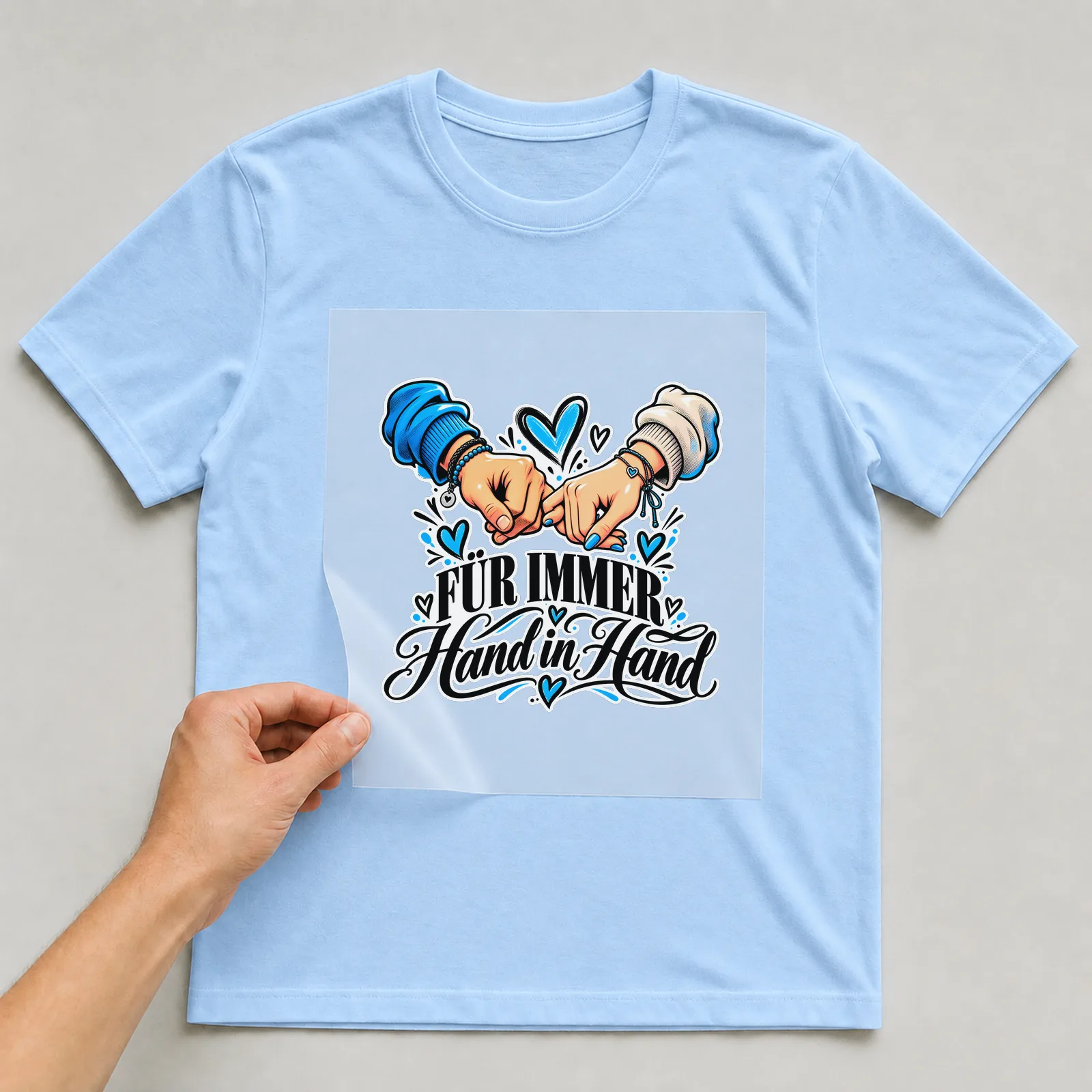 Bügelbild „Für immer Hand in Hand“ auf hellblauem T-Shirt, Folie wird aufgelegt