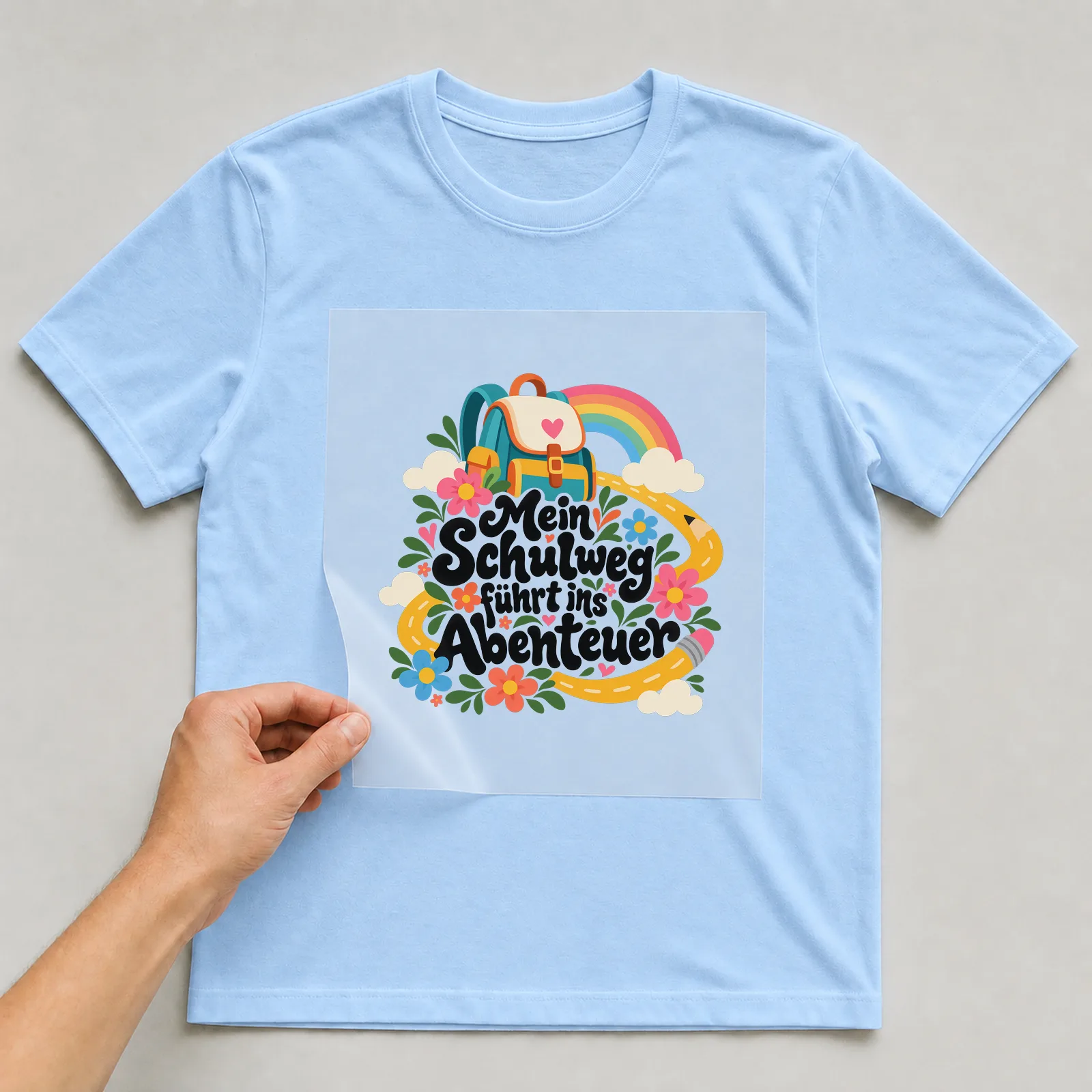 Bügelbild „Mein Schulweg führt ins Abenteuer“ auf hellblauem T-Shirt, Folie wird aufgelegt