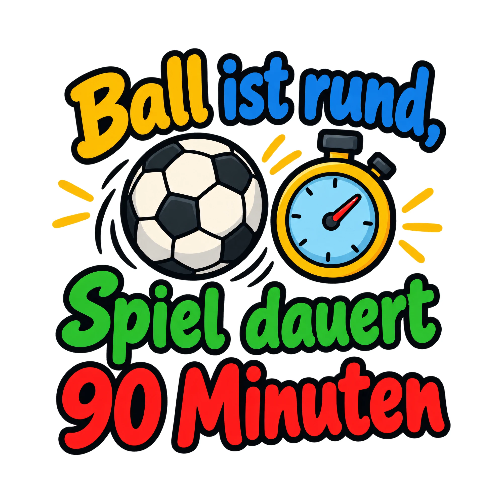 Bügelbild Ball ist rund, Spiel dauert 90 Minuten als Grafik auf weißem Hintergrund (BB019417)