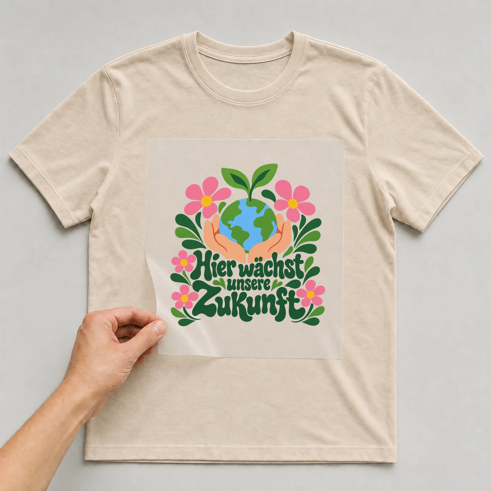 Bügelbild „Hier wächst unsere Zukunft“ auf beigem T-Shirt, Folie wird aufgelegt