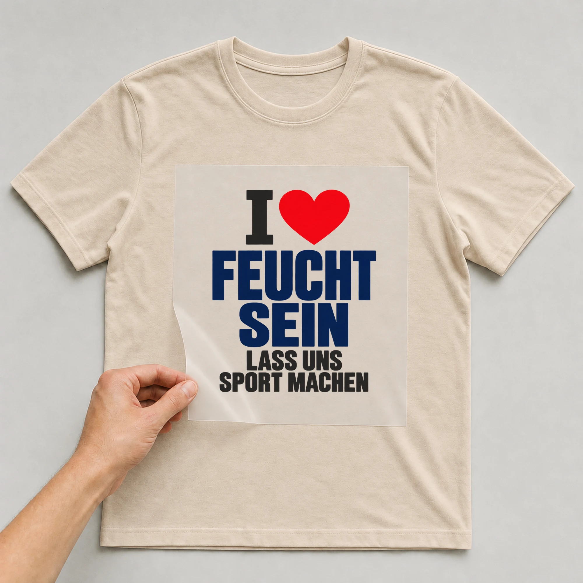 Bügelbild „I feucht sein lass uns Sport machen“ auf beigem T-Shirt, Folie wird aufgelegt