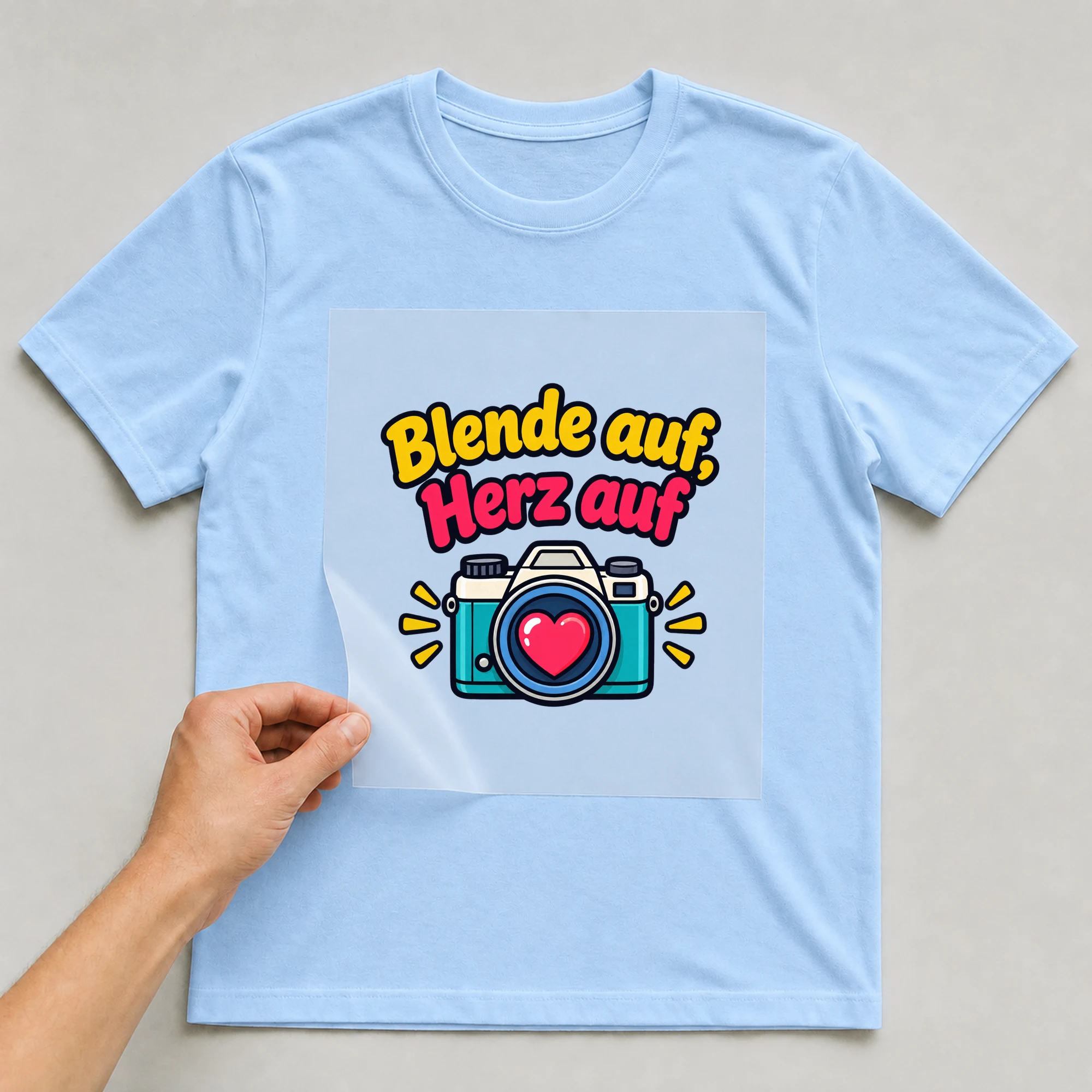 Bügelbild „Blende auf, Herz auf“ auf babyblauem T-Shirt, Folie wird aufgelegt