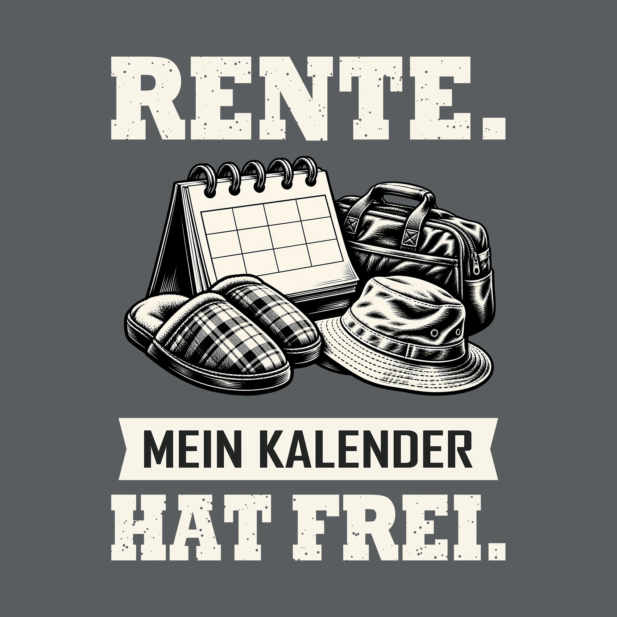 Bügelbild RENTE. MEIN KALENDER HAT FREI. als Grafik auf dunklem Hintergrund (BB011484)