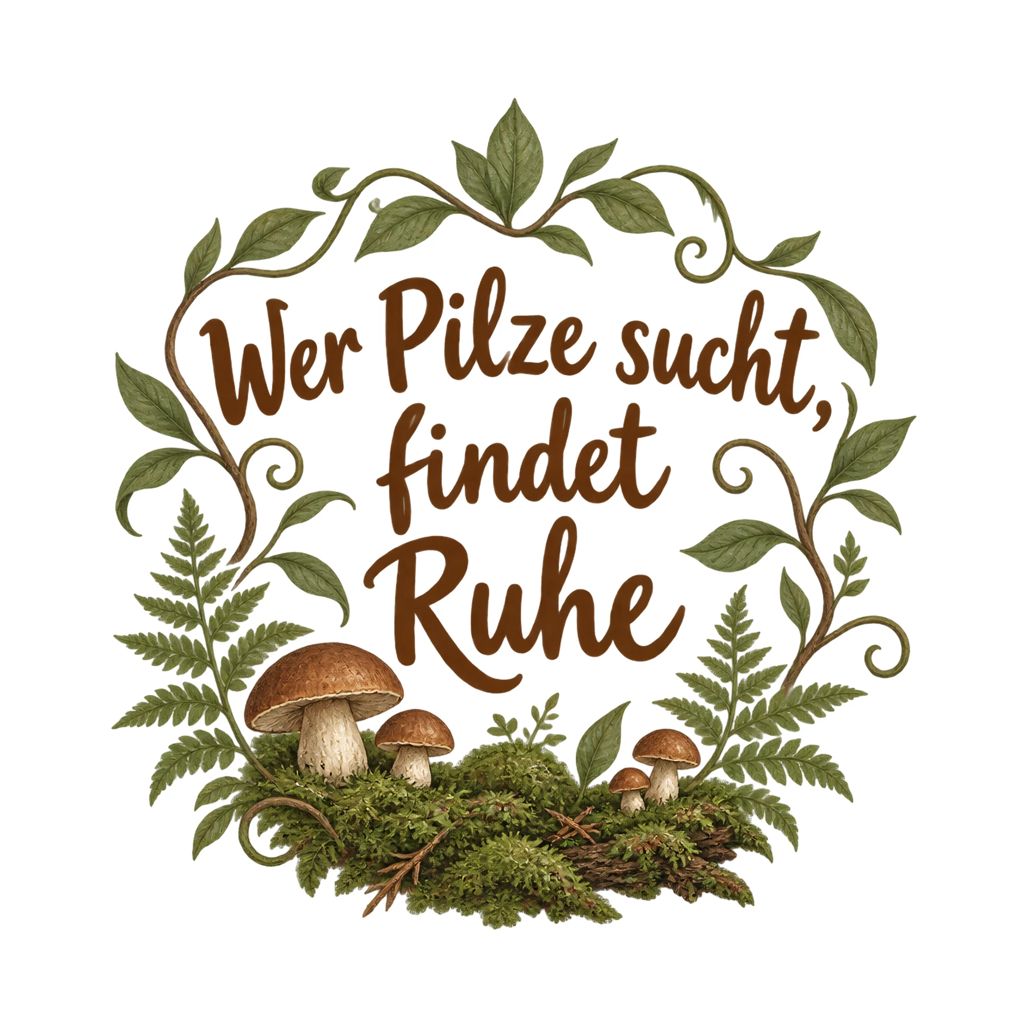 Bügelbild Wer Pilze sucht, findet Ruhe als Grafik auf weißem Hintergrund (BB019343)