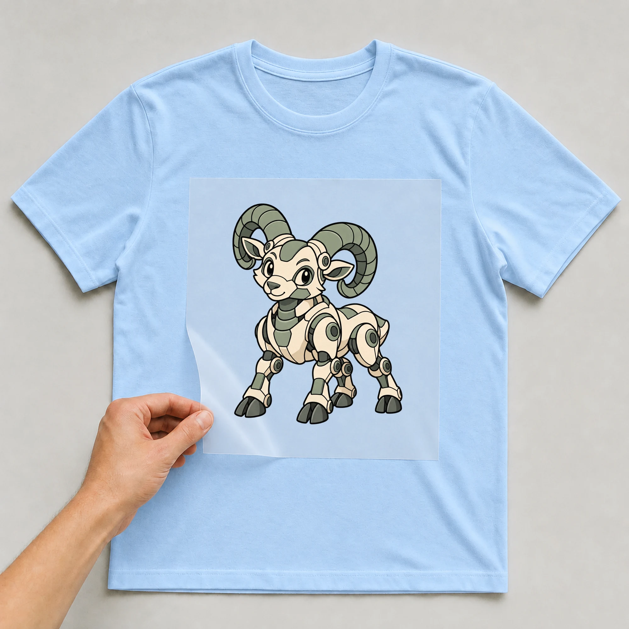 Bügelbild „Mecha Roboter Sternzeichen Widder“ auf babyblauem T-Shirt, Folie wird aufgelegt
