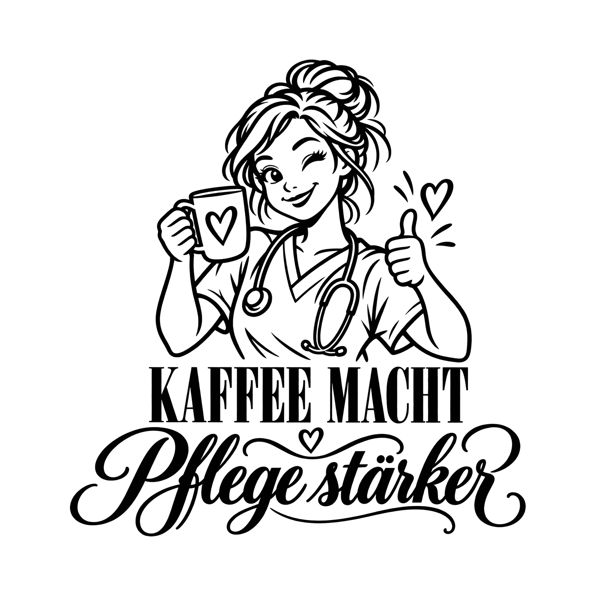 Bügelbild Kaffee macht Pflege stärker als Grafik auf weißem Hintergrund (BB011609)