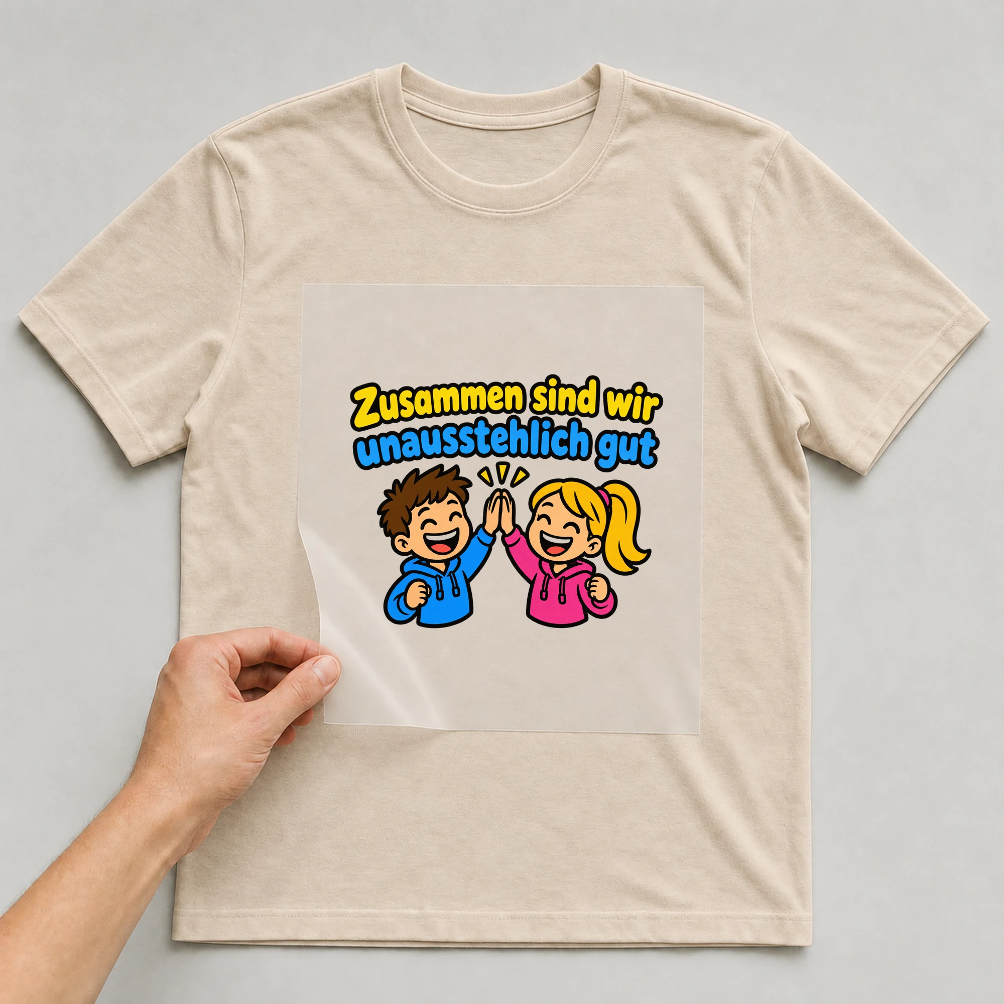 Bügelbild „Zusammen sind wir unausstehlich gut“ auf beigem T-Shirt, Folie wird aufgelegt