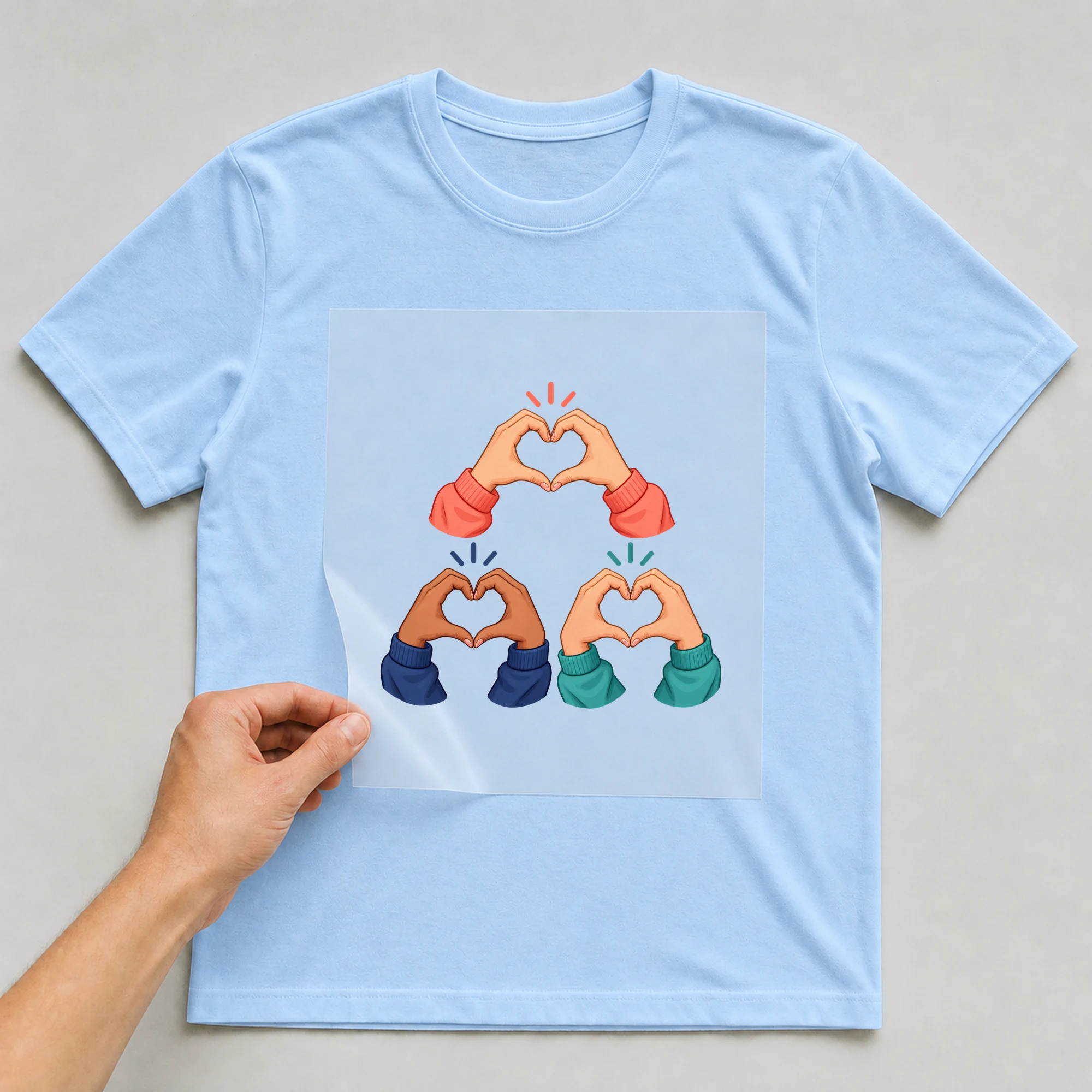 Bügelbild „Drei Hände mit Herz-Zeichen“ auf babyblauem T-Shirt, Folie wird aufgelegt