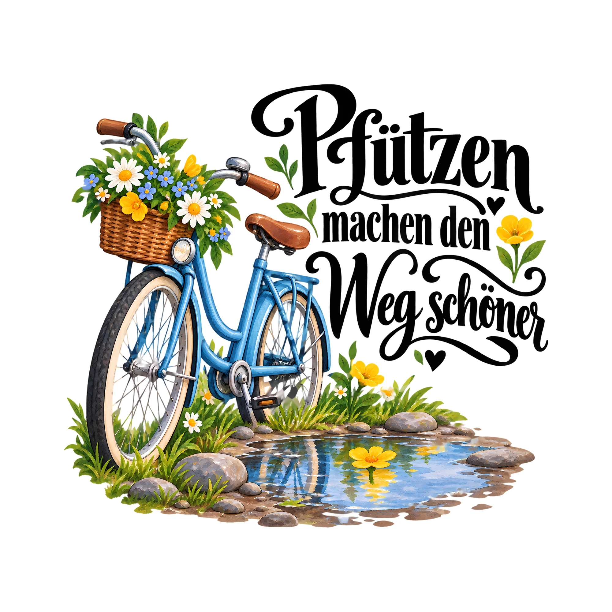 Bügelbild Pfützen machen den Weg schöner als Grafik auf weißem Hintergrund (BB013779)