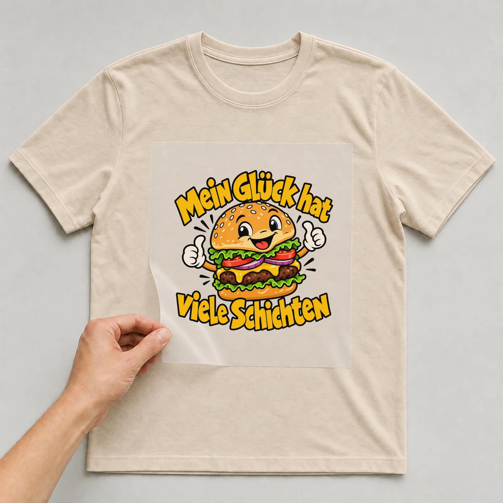 Bügelbild „Mein Glück hat viele Schichten“ auf beigem T-Shirt, Folie wird aufgelegt