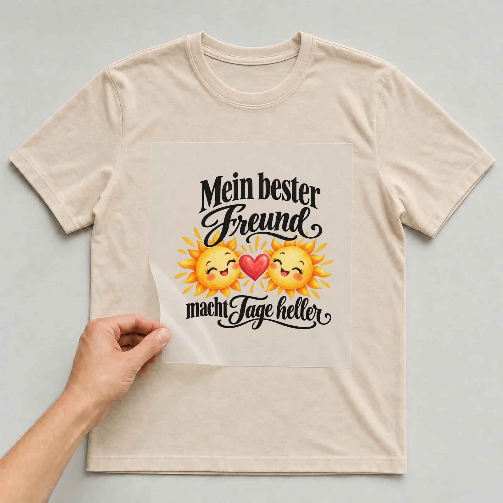 Bügelbild „Mein bester Freund macht Tage heller“ auf beigem T-Shirt, Folie wird aufgelegt