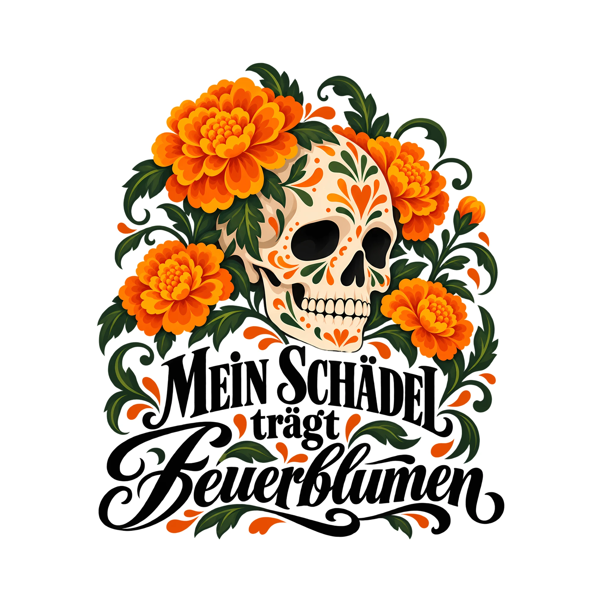 Bügelbild Mein Schädel trägt Feuerblumen als Grafik auf weißem Hintergrund (BB013318)