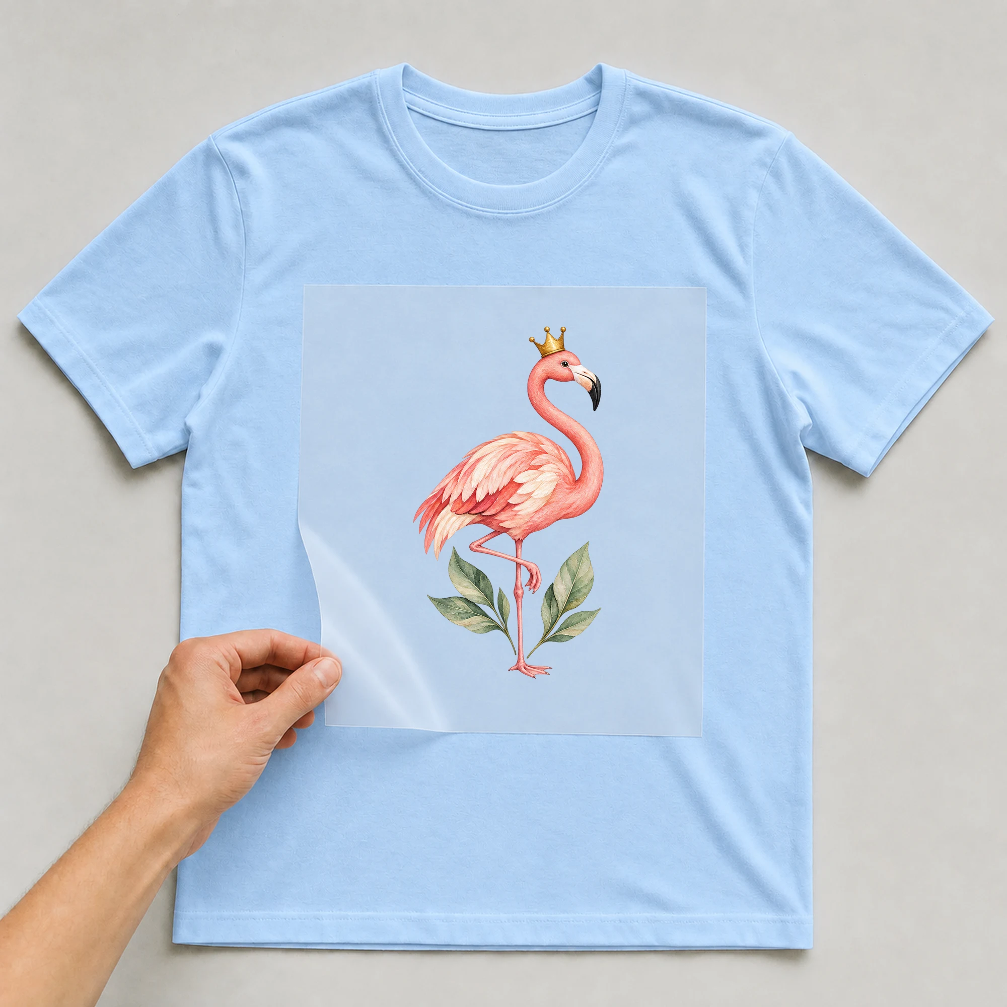 Bügelbild „Königlicher Flamingo“ auf babyblauem T-Shirt, Folie wird aufgelegt