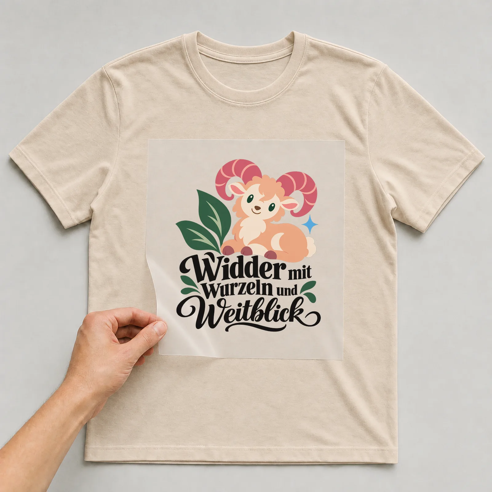 Bügelbild „Widder mit Wurzeln und Weitblick“ auf beigem T-Shirt, Folie wird aufgelegt