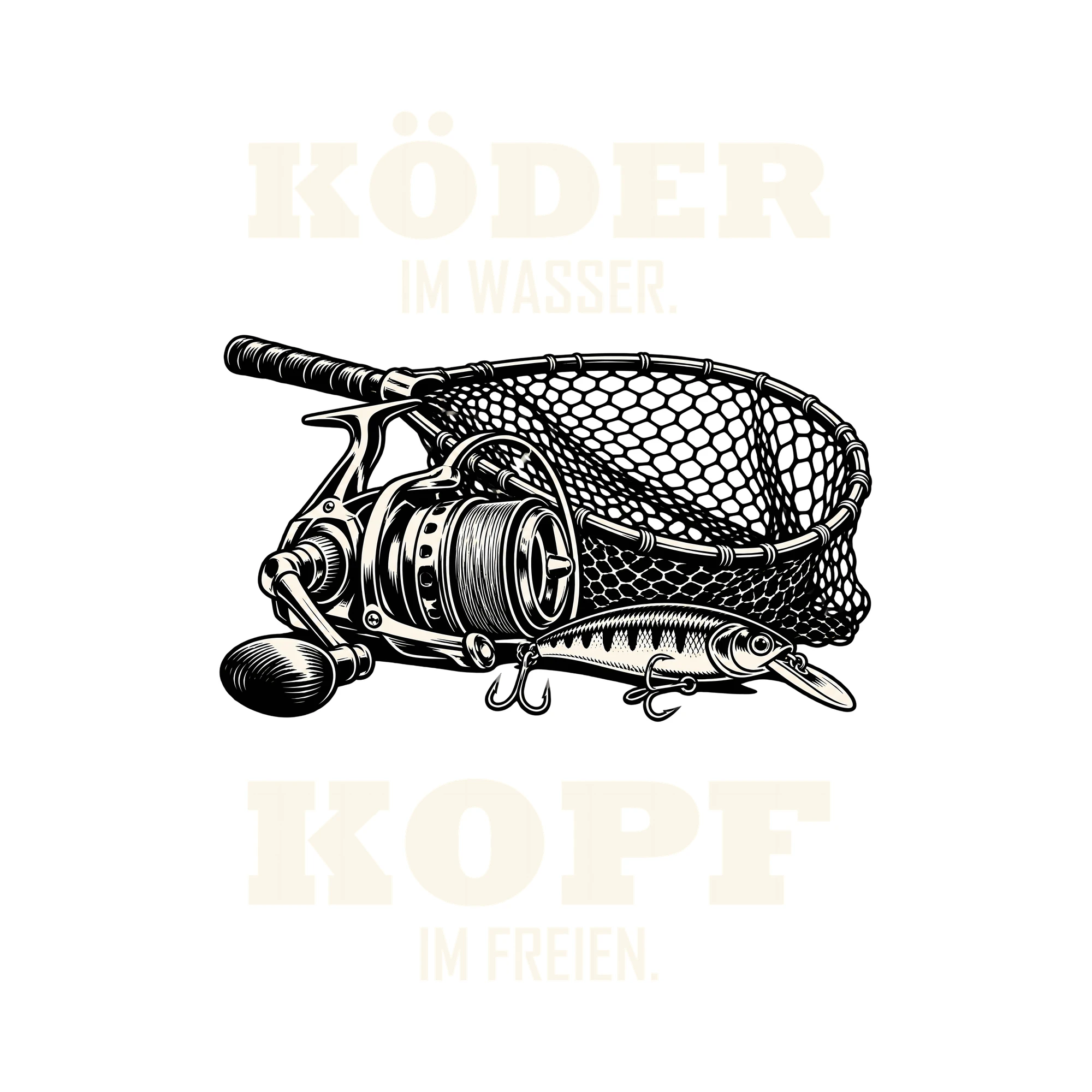 Bügelbild KÖDER IM WASSER. KOPF IM FREIEN. als Grafik auf weißem Hintergrund (BB012768)