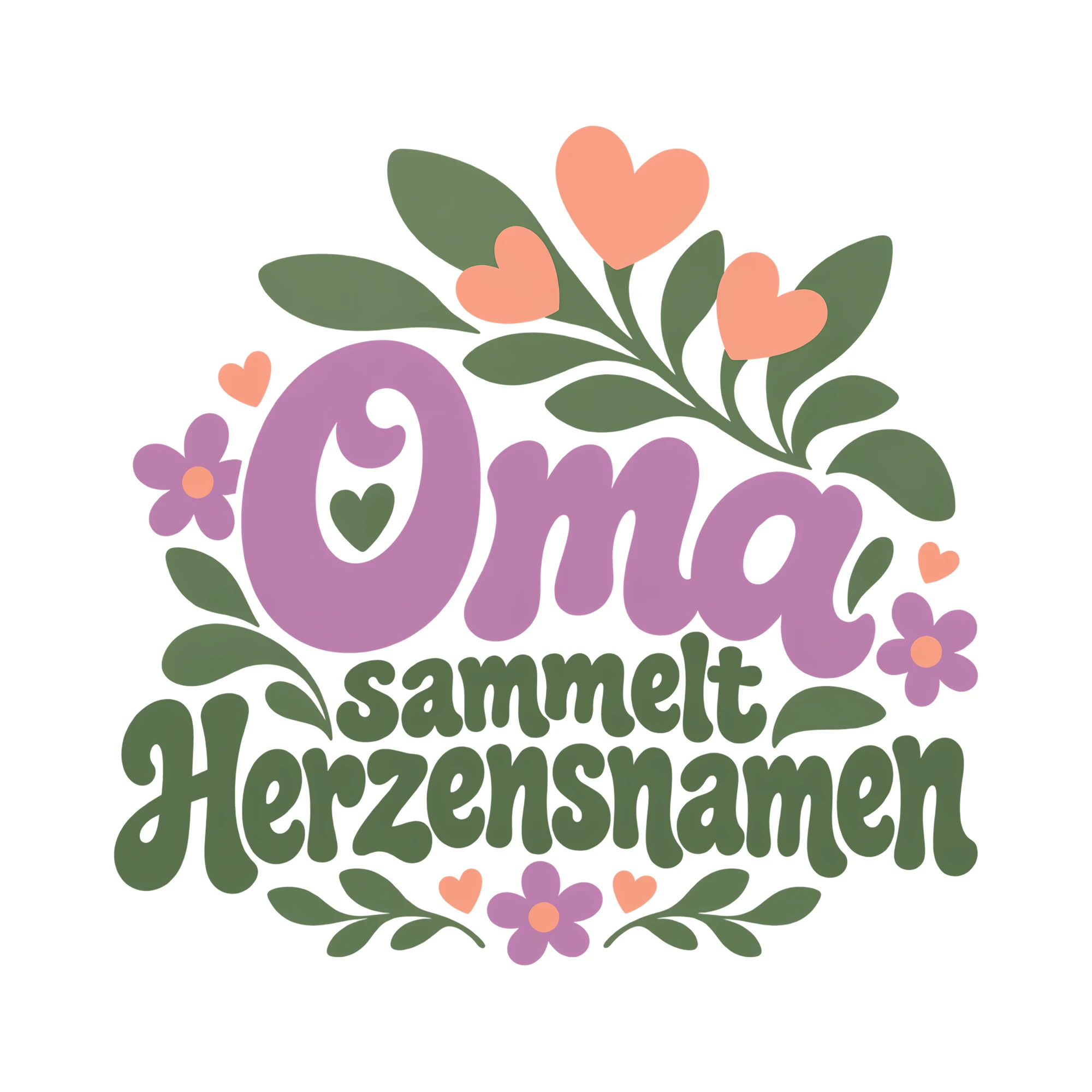 Bügelbild Oma sammelt Herzensnamen als Grafik auf weißem Hintergrund (BB012521)