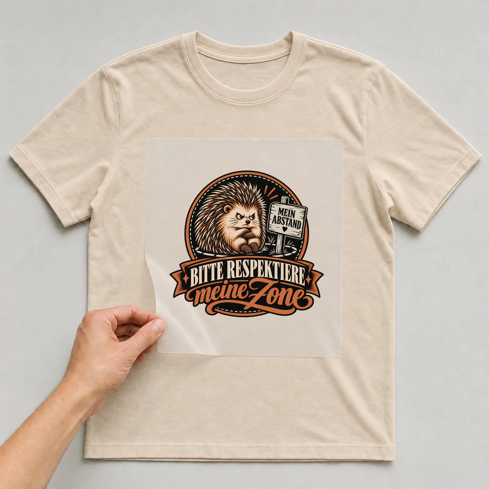 Bügelbild „Bitte respektiere meine Zone Mein Abstand“ auf beigem T-Shirt, Folie wird aufgelegt