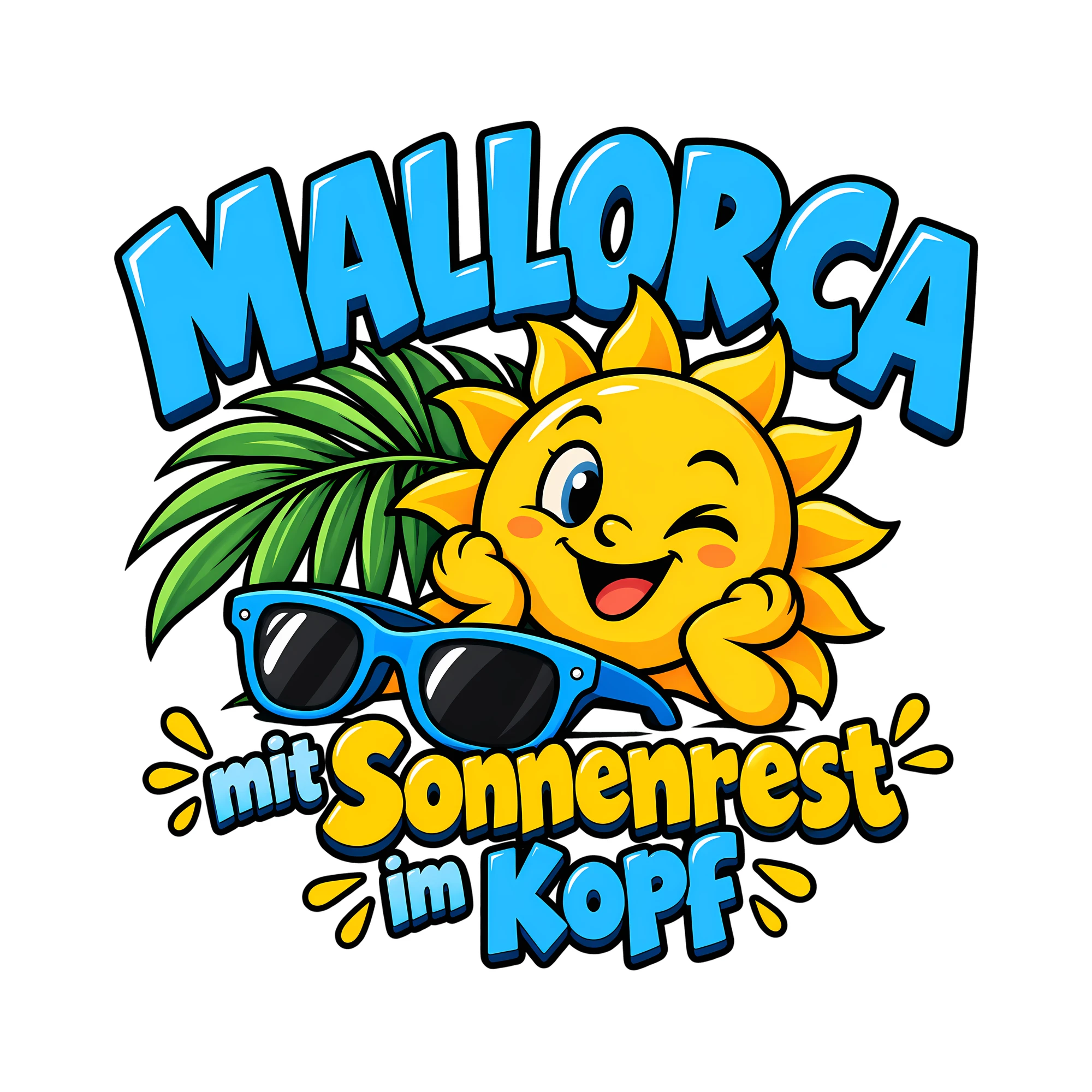 Bügelbild Mallorca mit Sonnenrest im Kopf als Grafik auf weißem Hintergrund (BB011984)