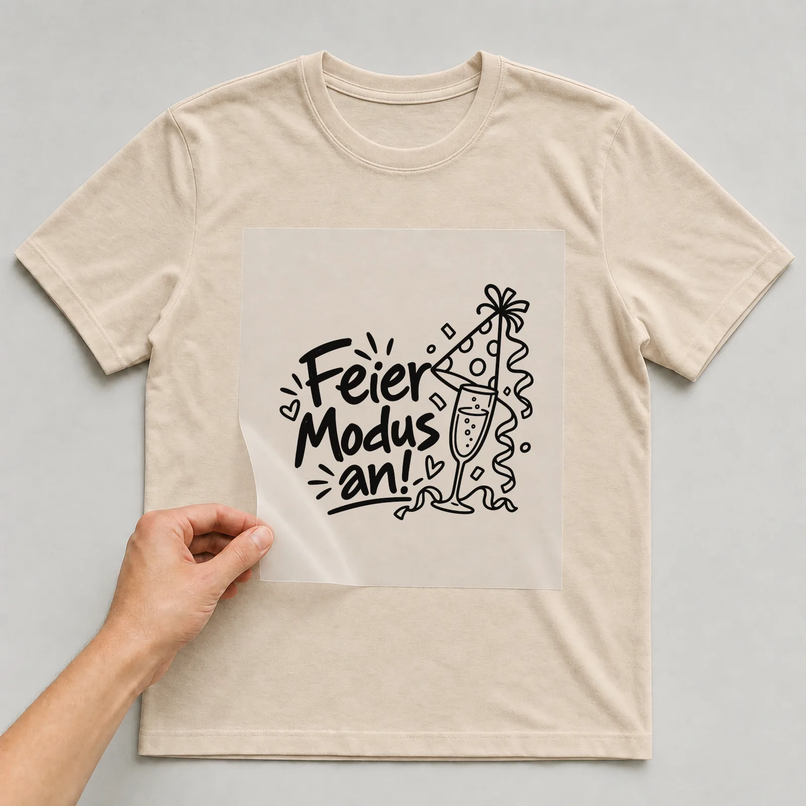Bügelbild „Feier Modus an!“ auf beigem T-Shirt, Folie wird aufgelegt