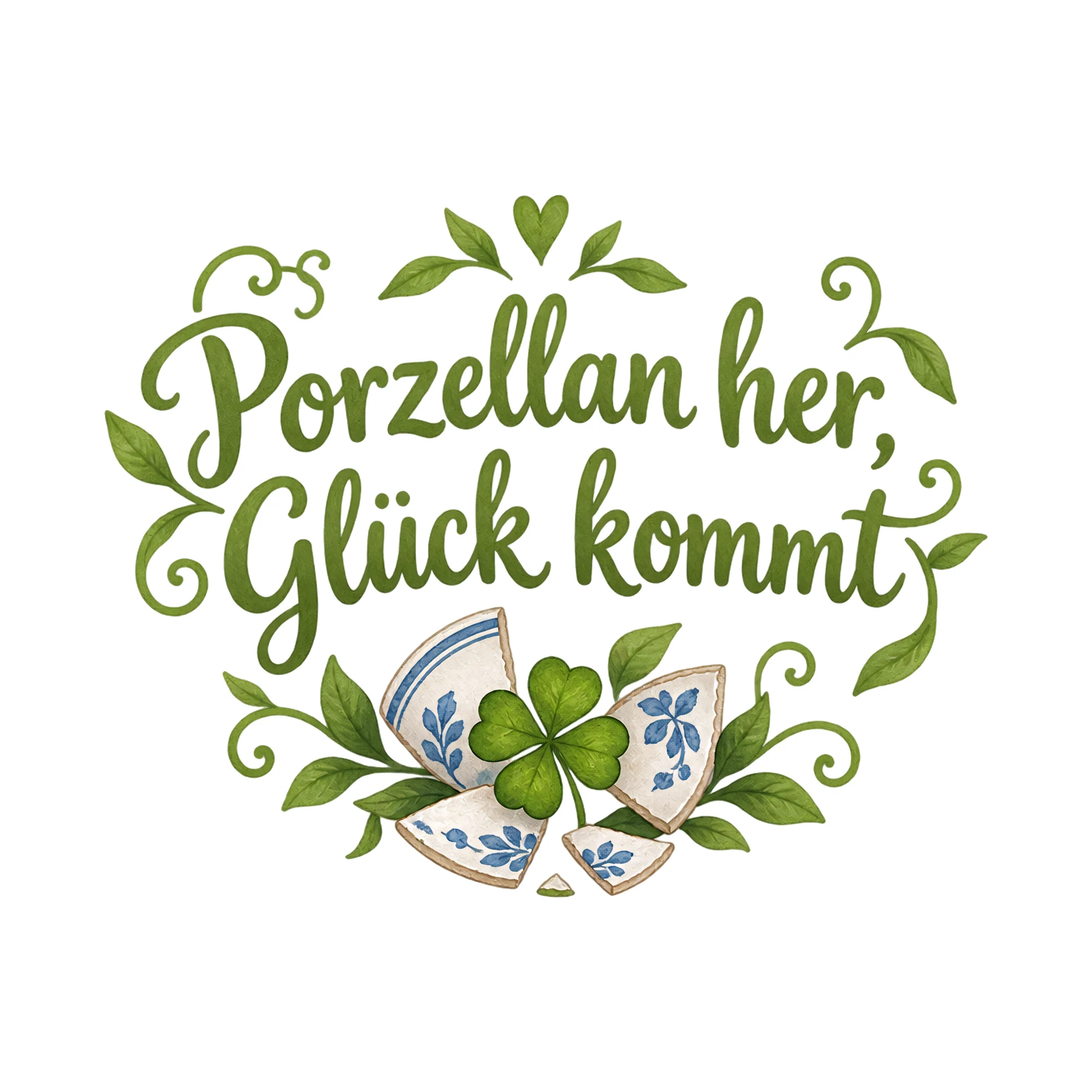 Bügelbild Porzellan her, Glück kommt als Grafik auf weißem Hintergrund (BB020682)