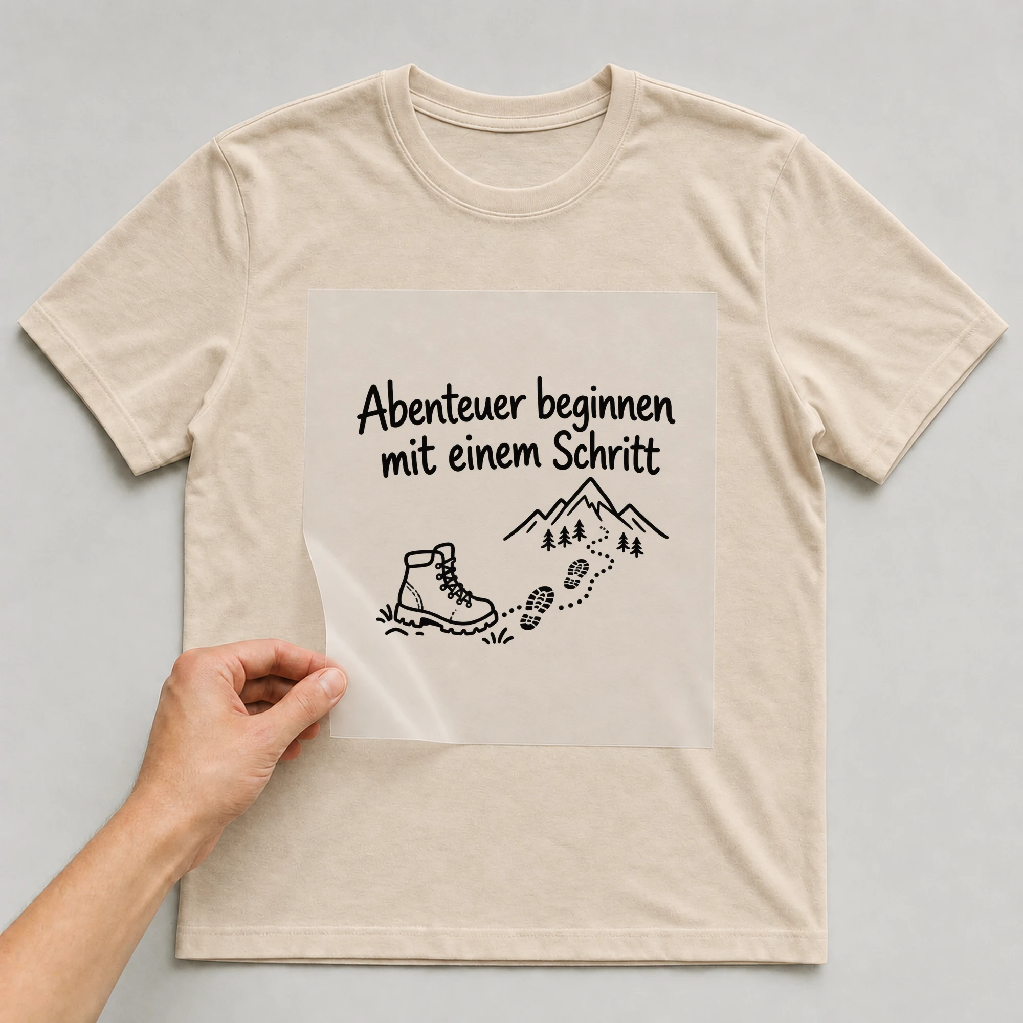 Bügelbild „Abenteuer beginnen mit einem Schritt“ auf beigem T-Shirt, Folie wird aufgelegt