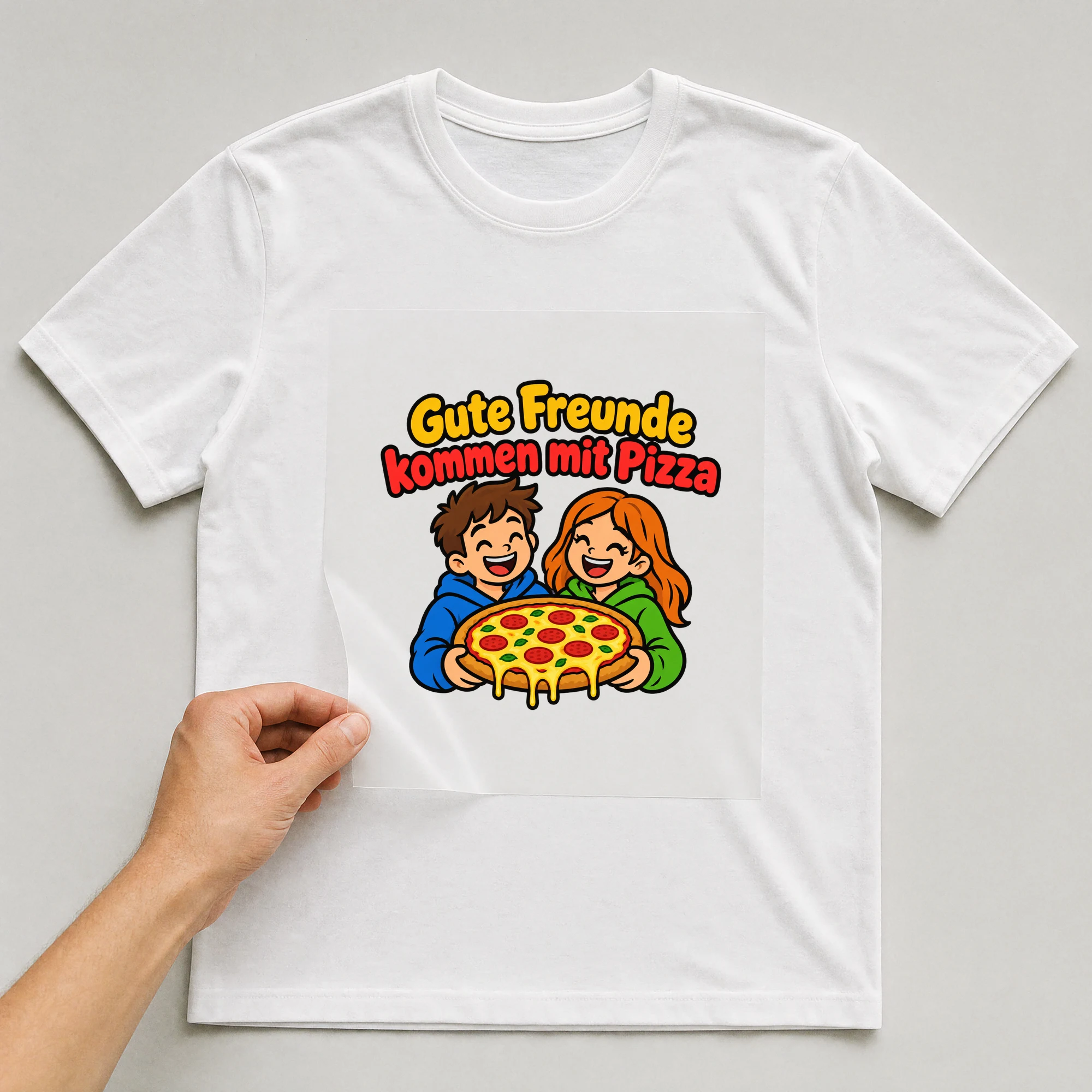 Bügelbild „Gute Freunde kommen mit Pizza“ auf weißem T-Shirt, Folie wird aufgelegt