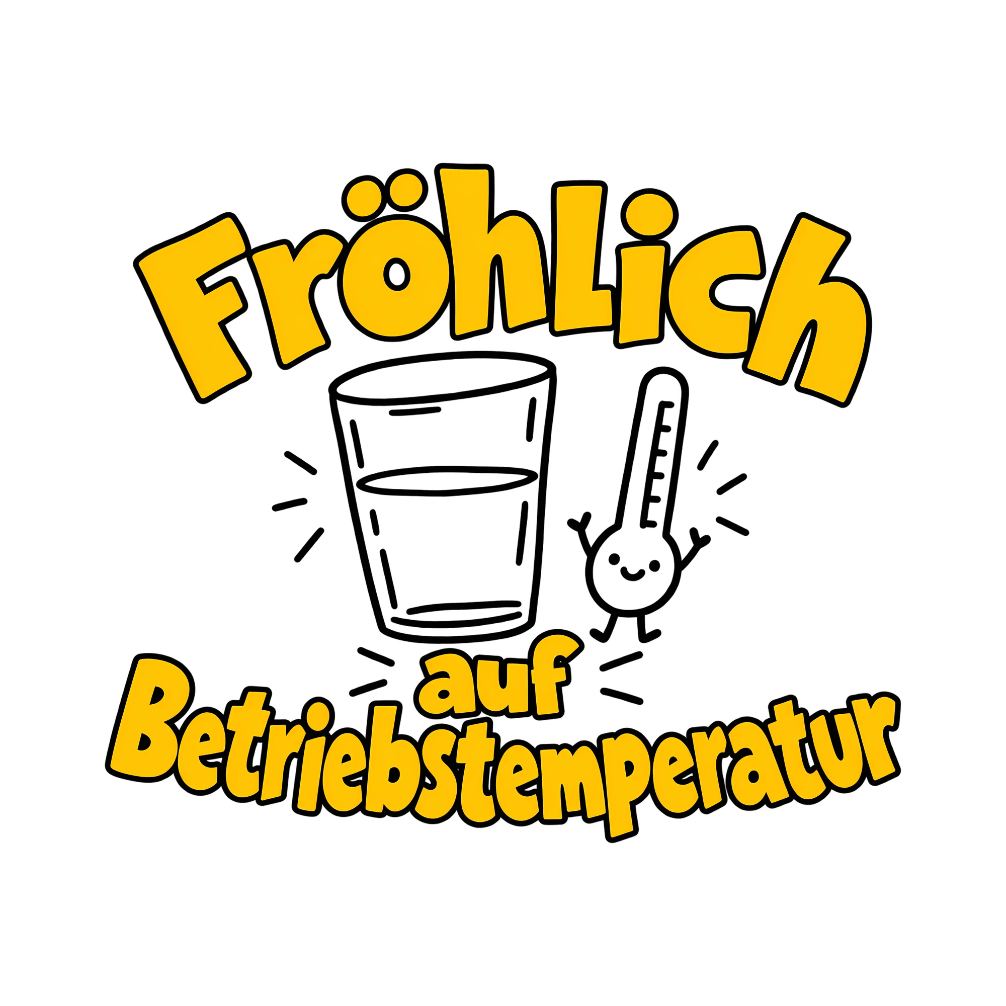 Bügelbild Fröhlich auf Betriebstemperatur als Grafik auf weißem Hintergrund (BB011965)