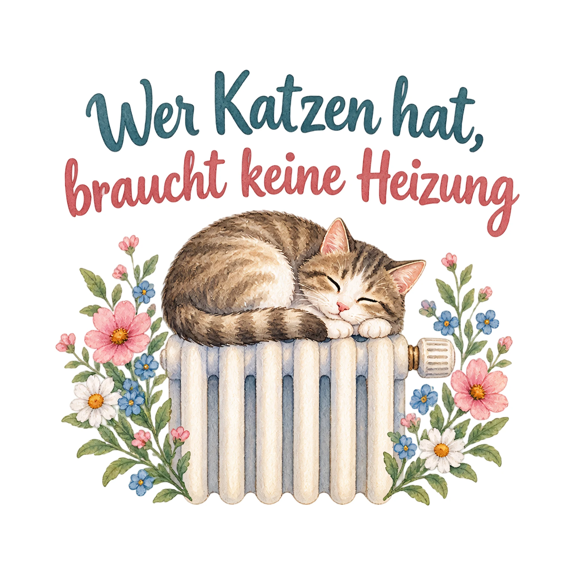 Bügelbild Wer Katzen hat, braucht keine Heizung als Grafik auf weißem Hintergrund (BB019762)