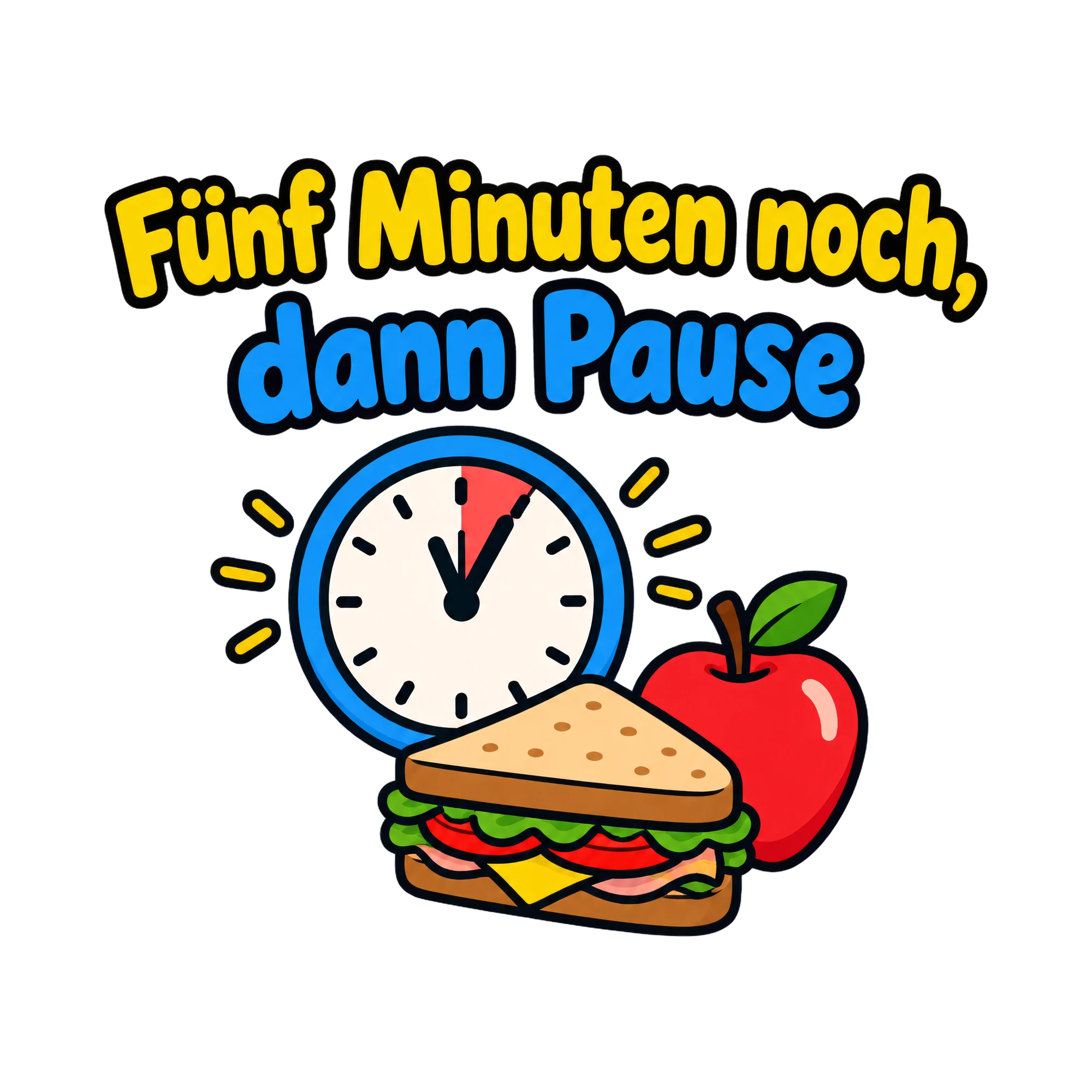 Bügelbild Fünf Minuten noch, dann Pause, Lustiger Shirt Spruch als Grafik auf weißem Hintergrund (BB020118)