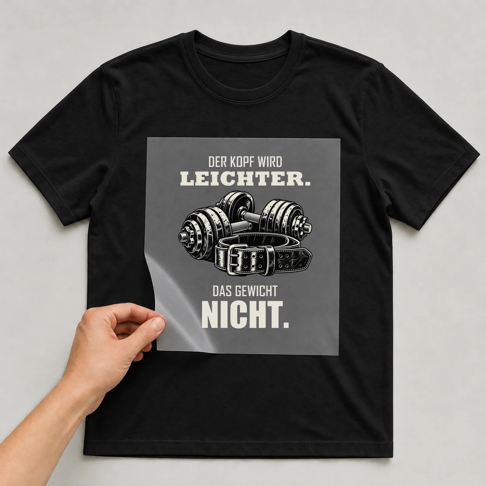 Bügelbild „Der Kopf wird leichter. Das Gewicht nicht.“ auf schwarzem T-Shirt, Folie wird aufgelegt