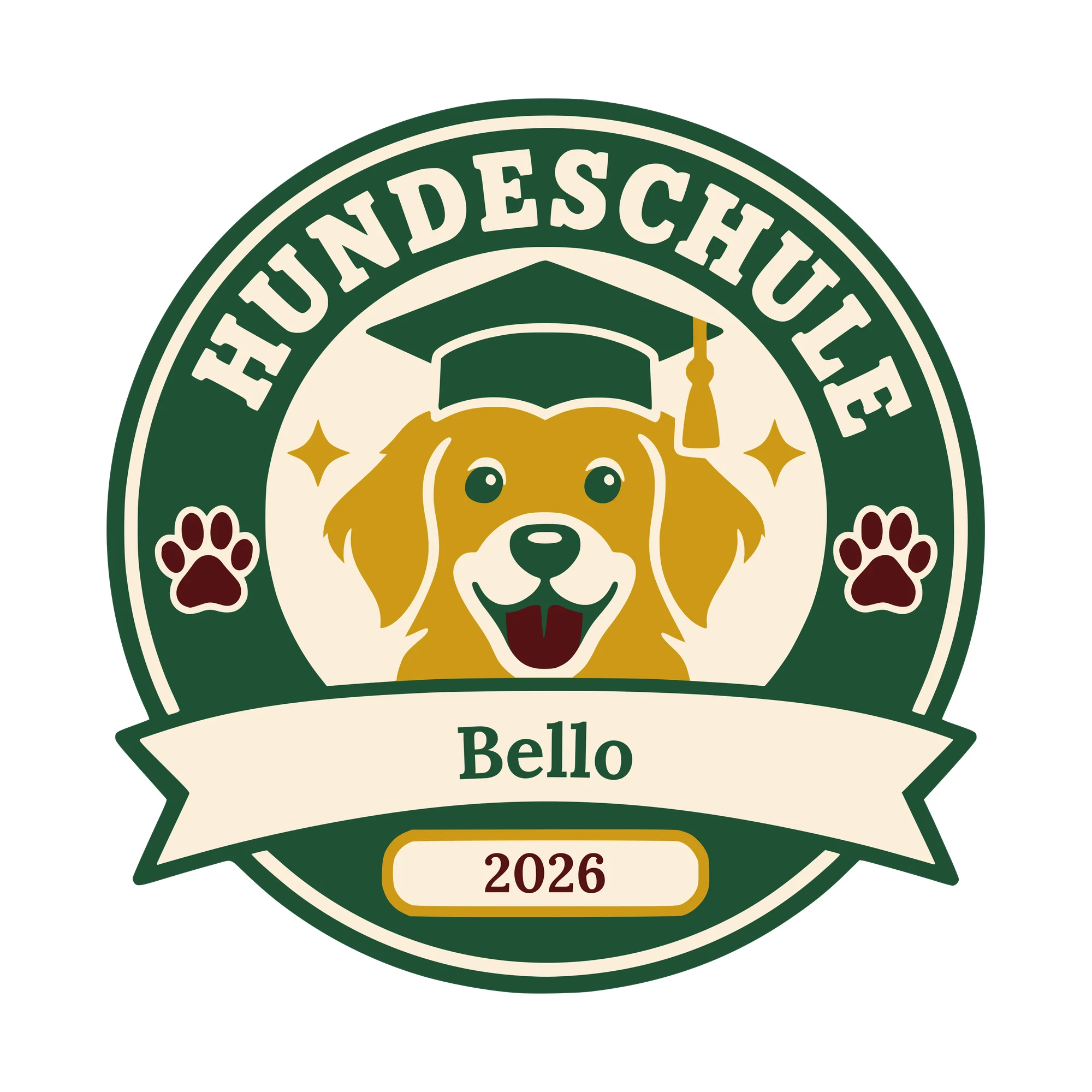 Bügelbild Hundeschule mit Name und Jahr als Grafik auf weißem Hintergrund (BB010599)