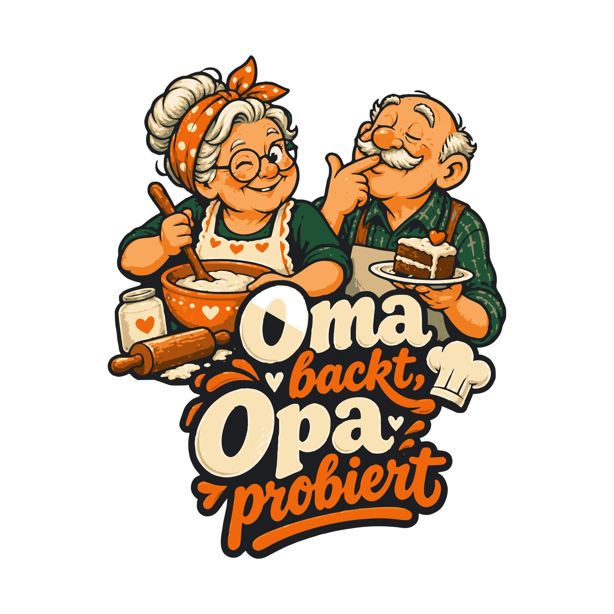 Bügelbild Oma backt, Opa probiert als Grafik auf weißem Hintergrund (BB011193)