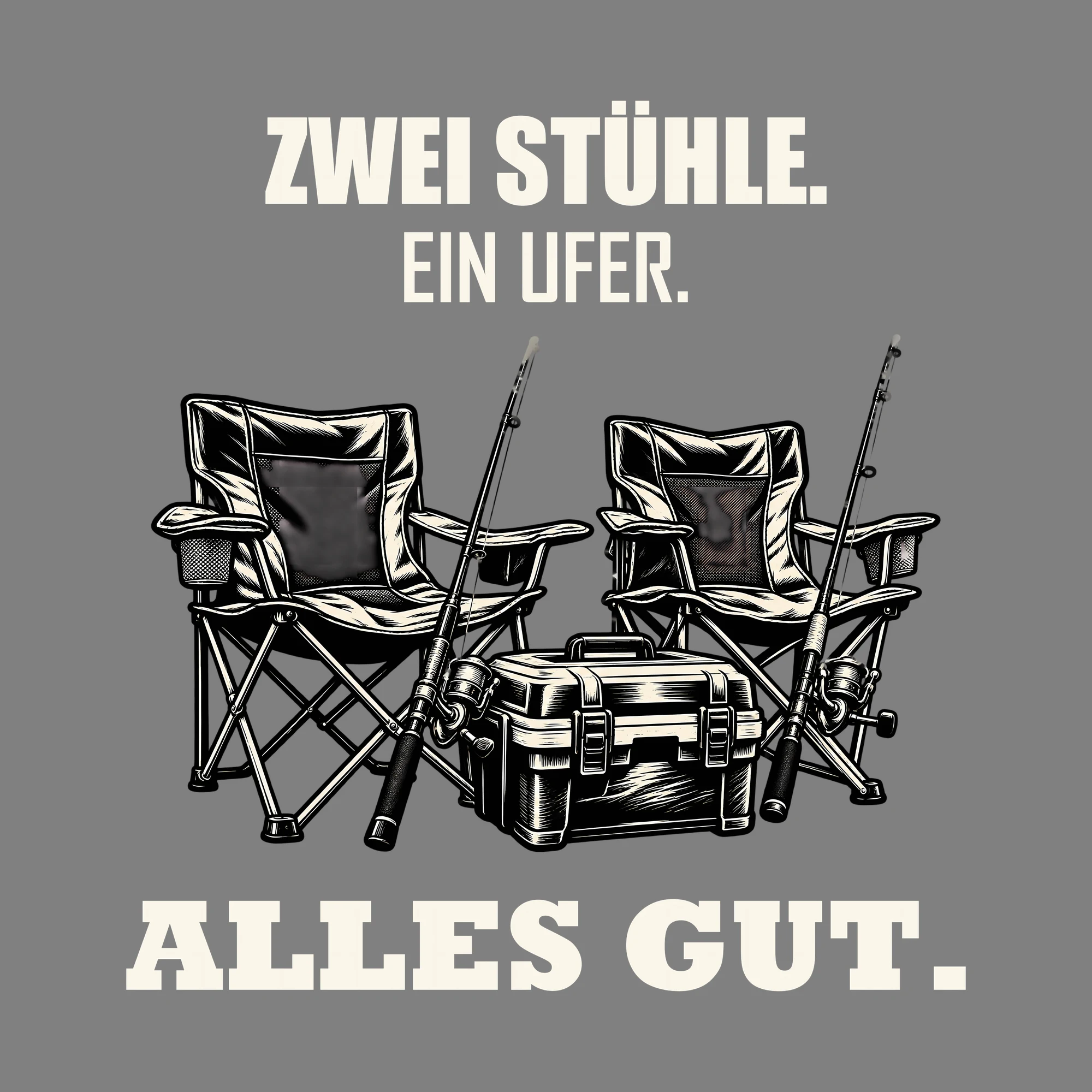 Bügelbild ZWEI STÜHLE. EIN UFER. ALLES GUT. als Grafik auf dunklem Hintergrund (BB012692)