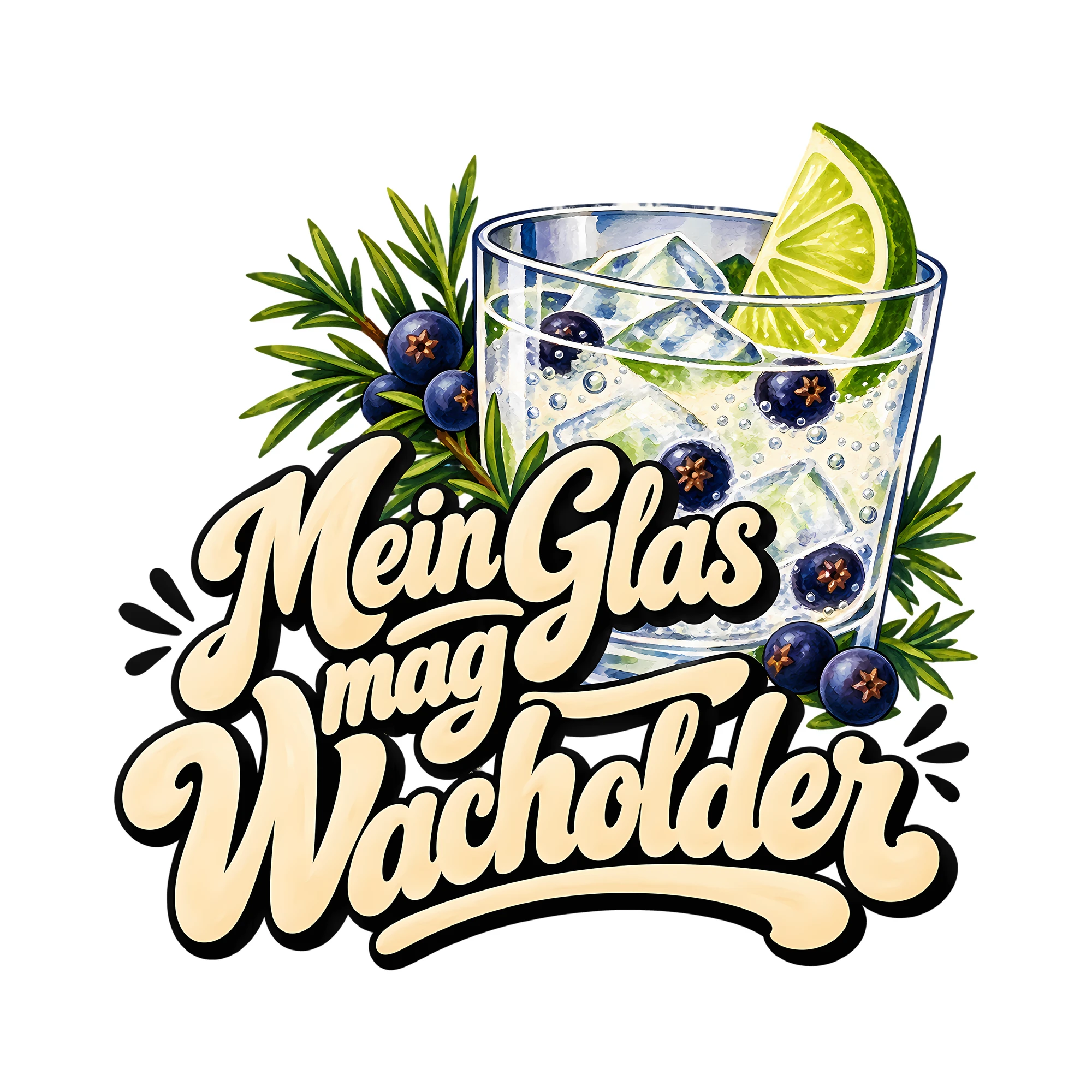 Bügelbild Mein Glas mag Wacholder als Grafik auf weißem Hintergrund (BB011961)