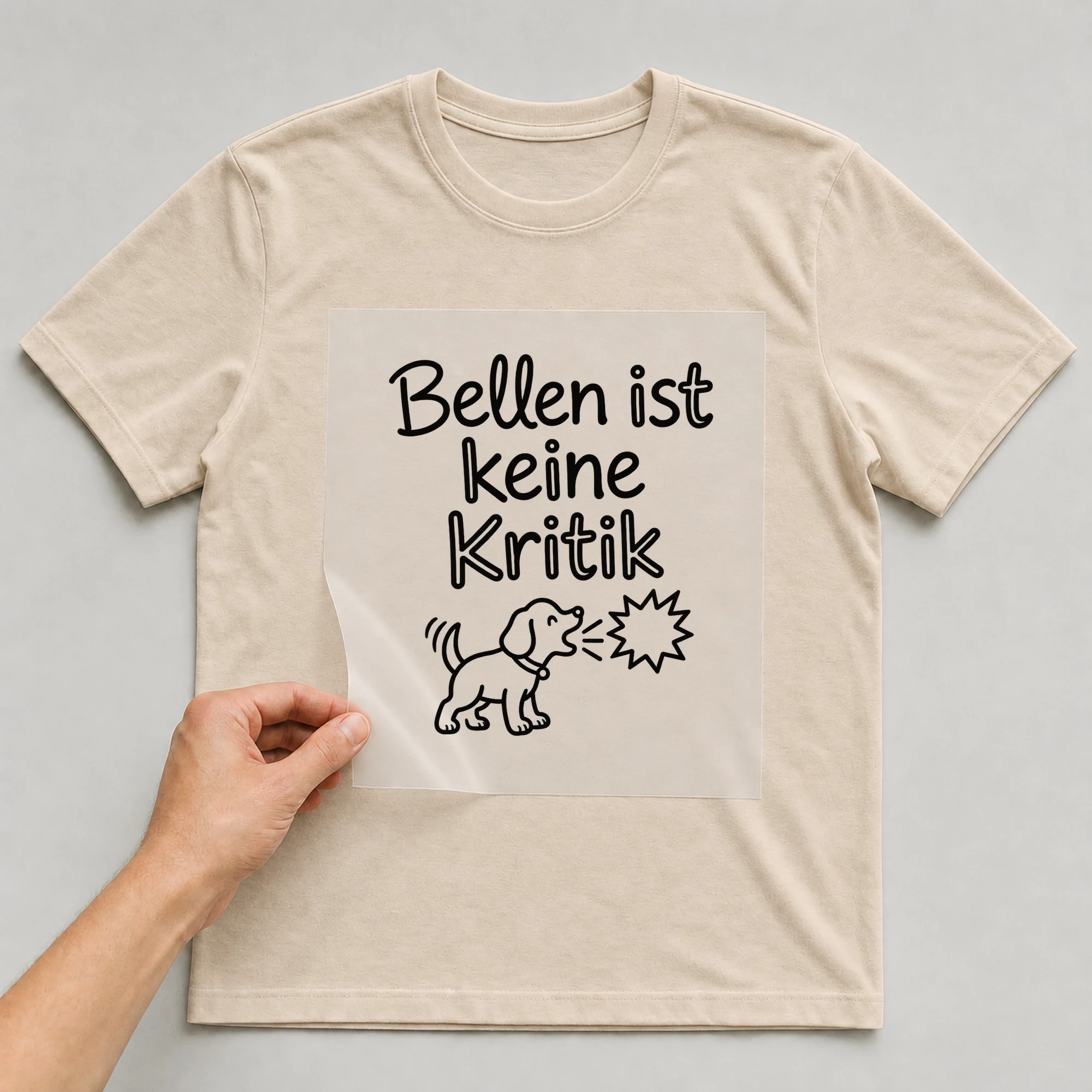 Bügelbild „Bellen ist keine Kritik“ auf beigem T-Shirt, Folie wird aufgelegt