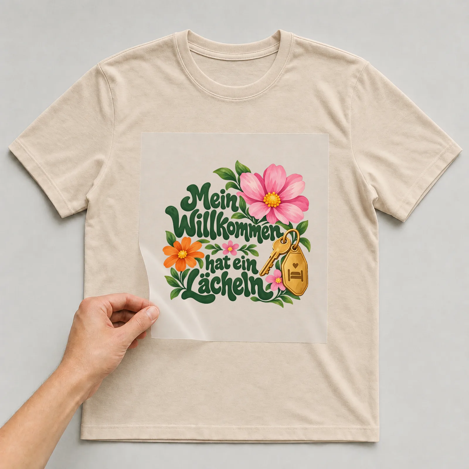 Bügelbild „Mein Willkommen hat ein Lächeln“ auf beigem T-Shirt, Folie wird aufgelegt