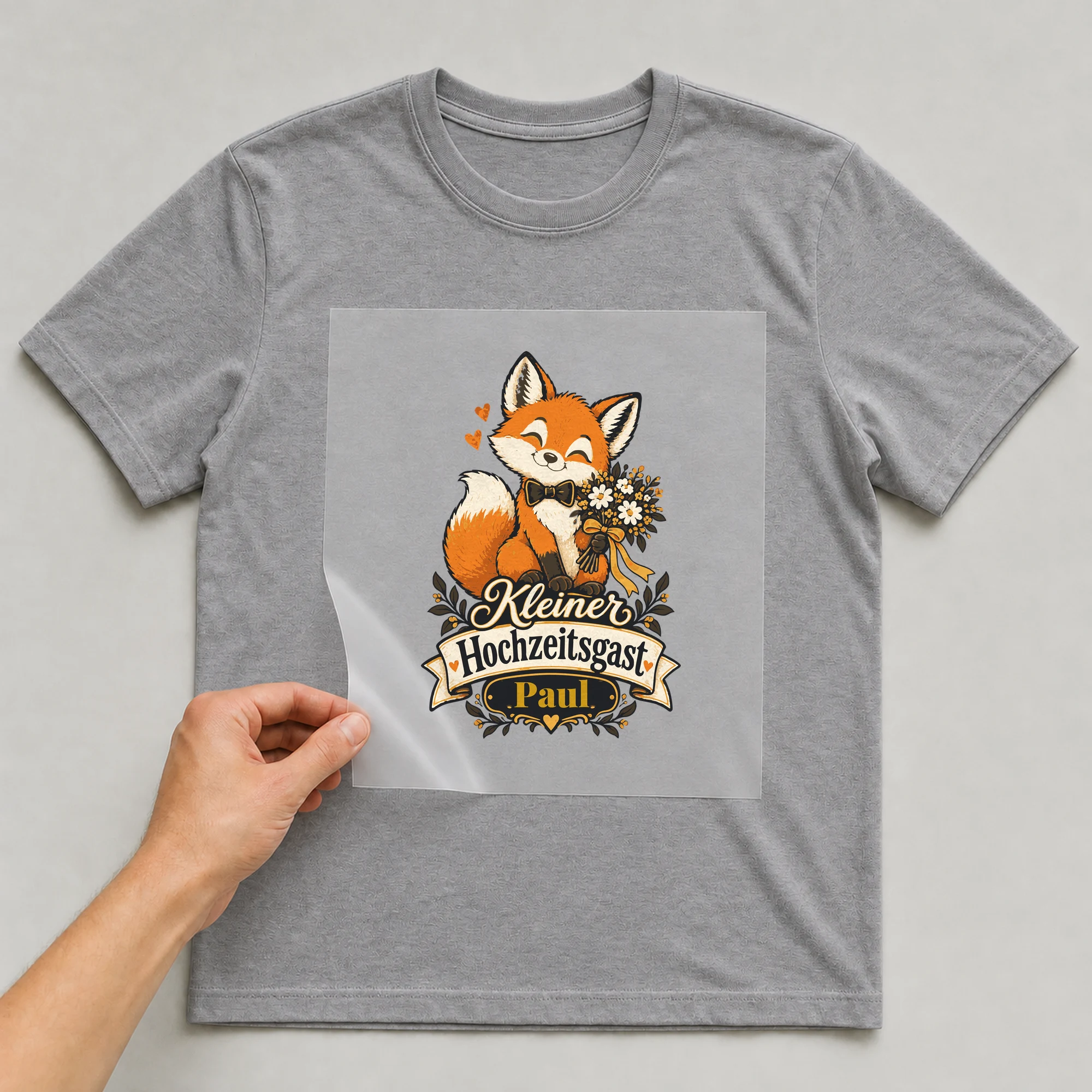 Bügelbild Kleiner Hochzeitsgast mit Name auf grauem T-Shirt, Folie wird aufgelegt