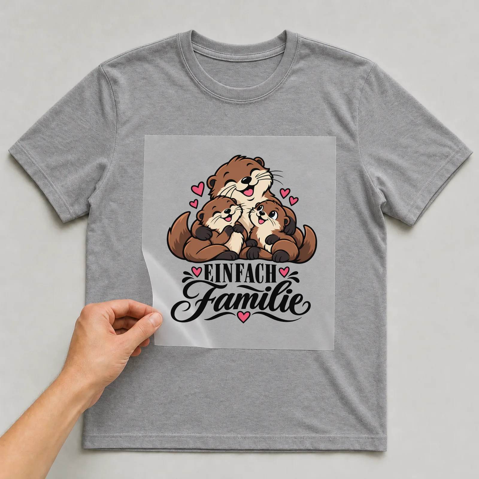 Bügelbild „Einfach Familie“ auf grauem T-Shirt, Folie wird aufgelegt