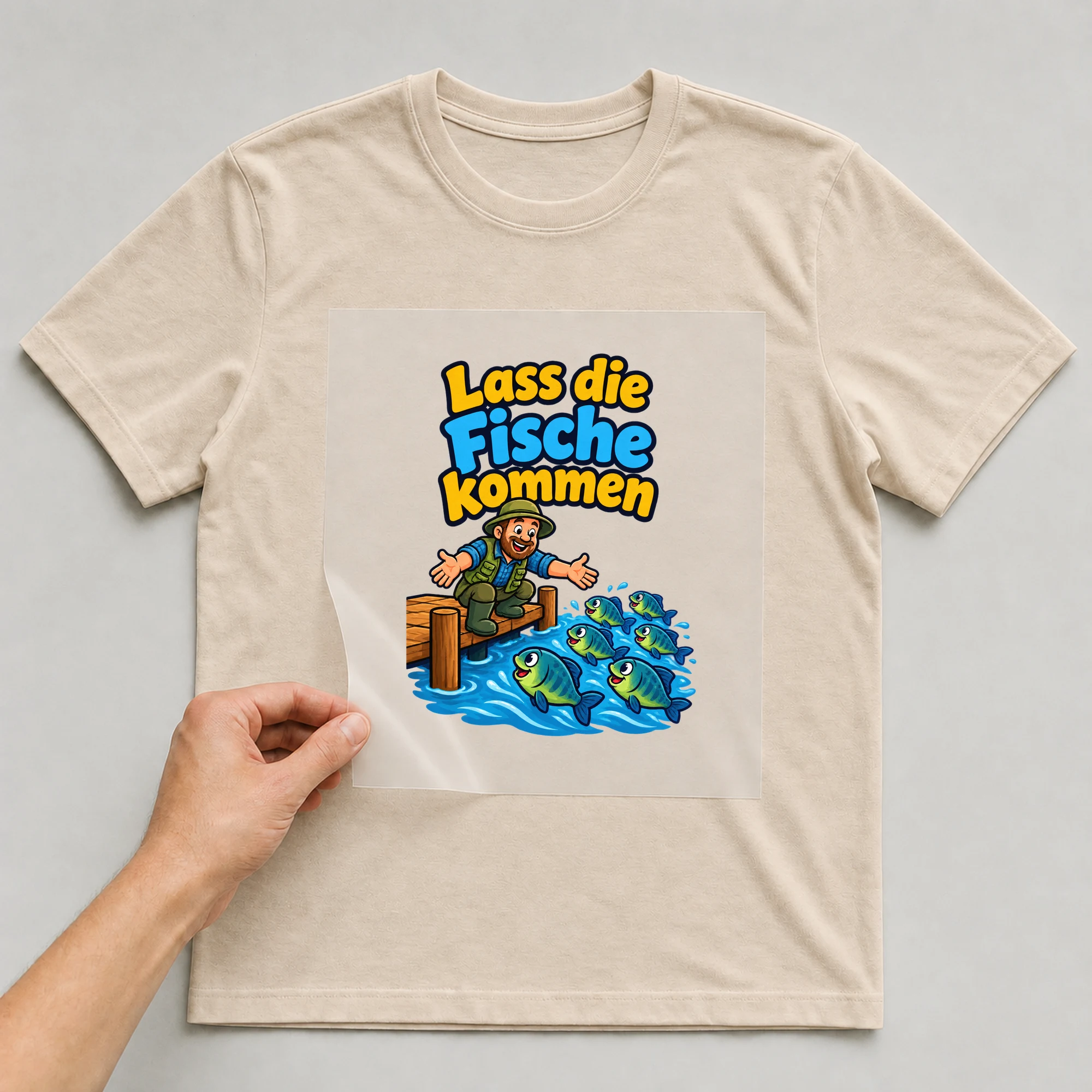 Bügelbild „Lass die Fische kommen“ auf beigem T-Shirt, Folie wird aufgelegt