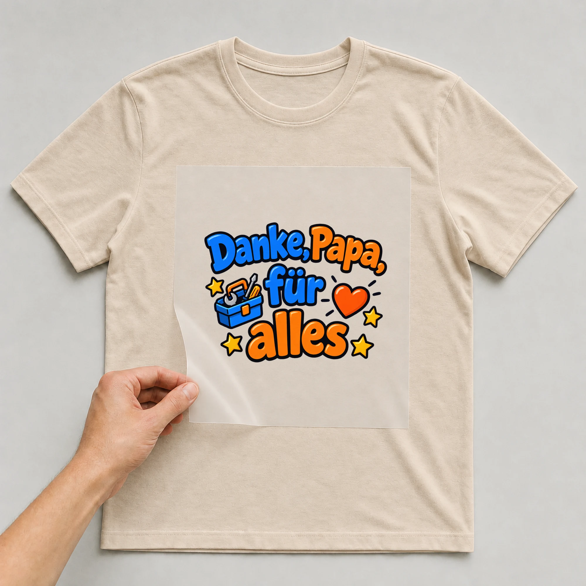 Bügelbild „Danke, Papa, für alles“ auf beigem T-Shirt, Folie wird aufgelegt