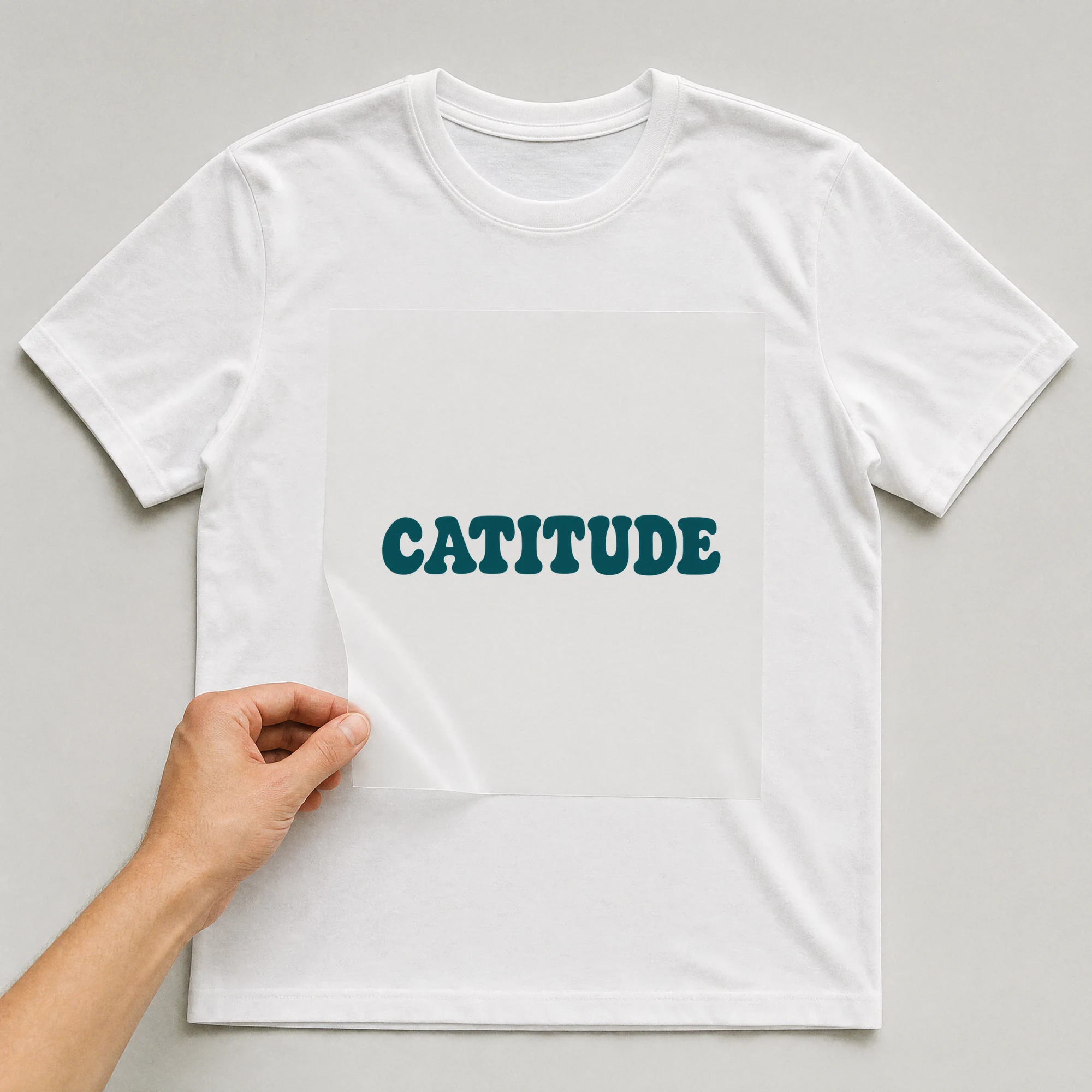 Bügelbild „Catitude“ auf weißem T-Shirt, Folie wird aufgelegt
