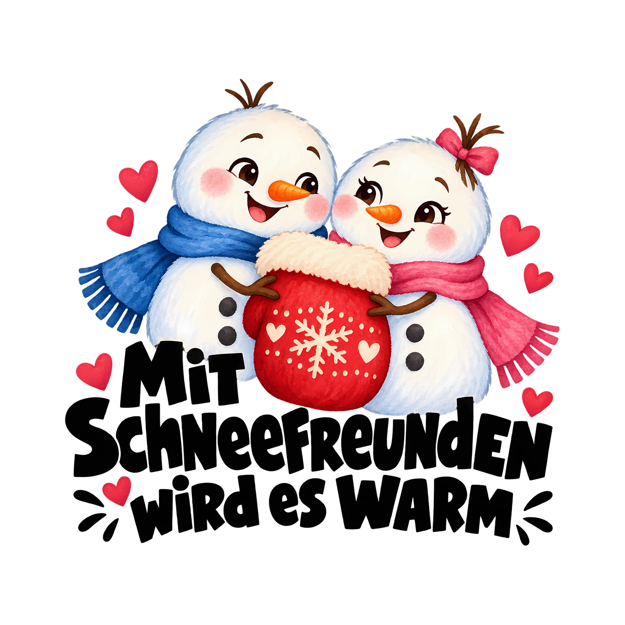 Bügelbild Mit SCHNEEFREUNDEN wird es WARM als Grafik auf weißem Hintergrund (BB012285)