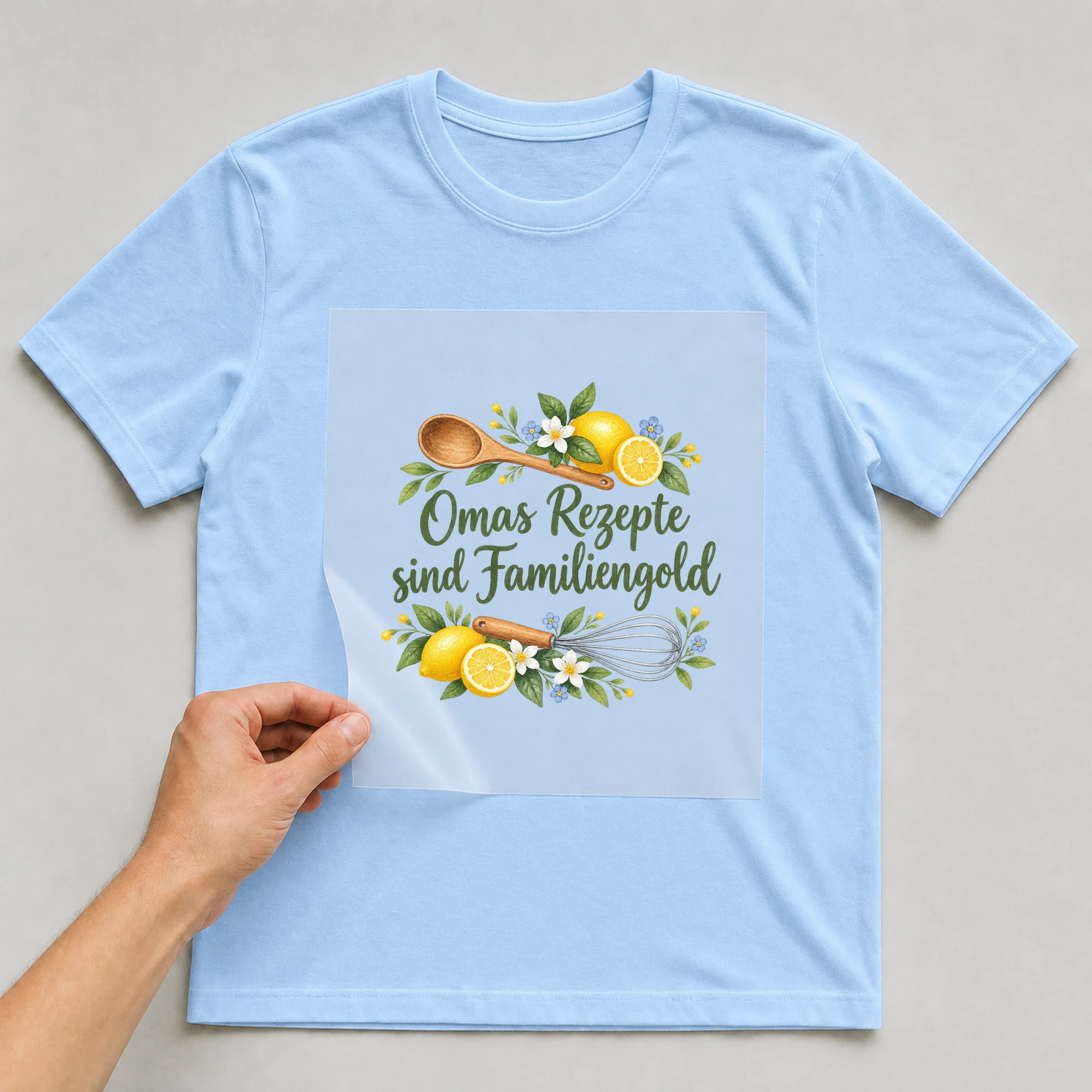 Bügelbild „Omas Rezepte sind Familiengold“ auf babyblauem T-Shirt, Folie wird aufgelegt