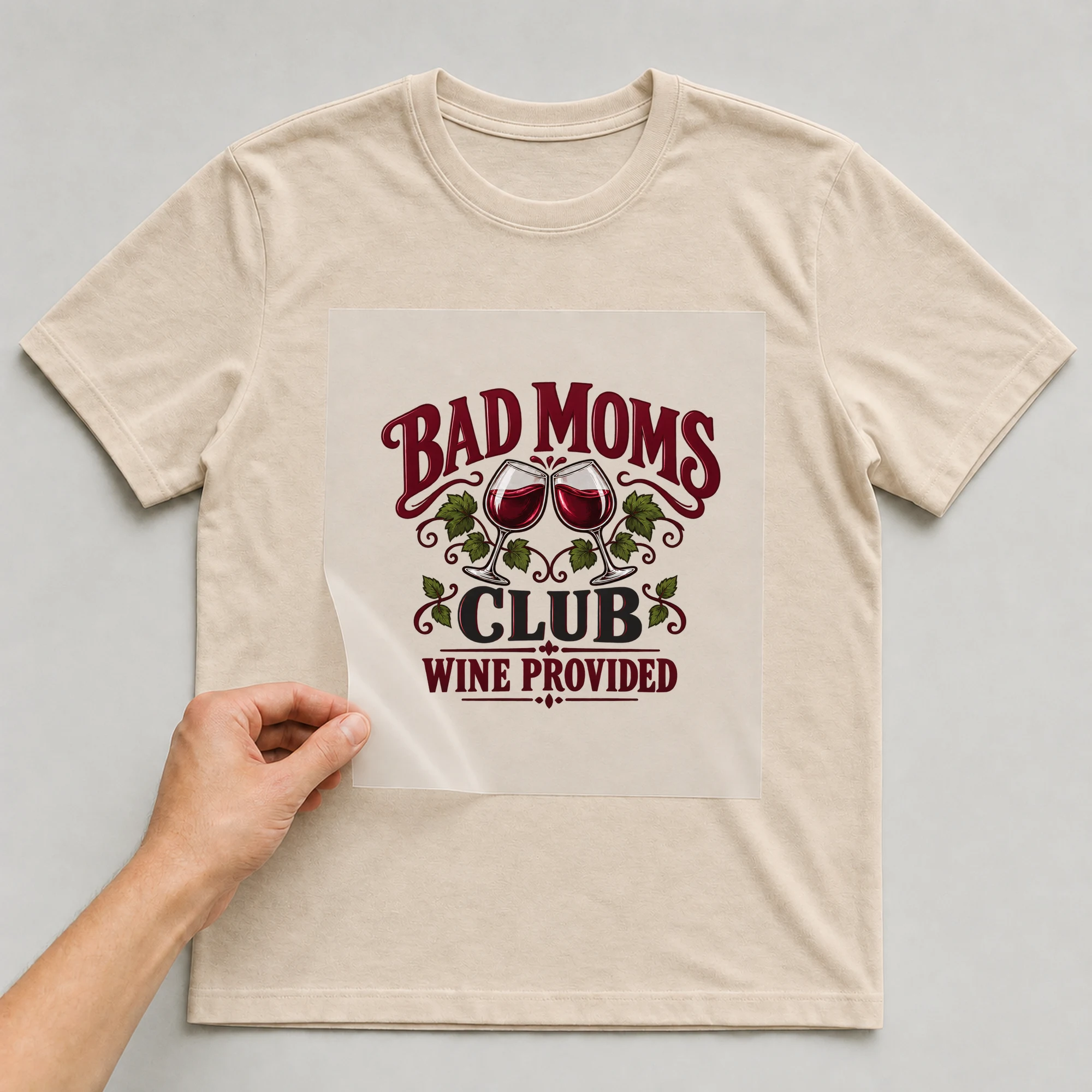 Bügelbild „Bad Moms Club Wine Provided“ auf beigem T-Shirt, Folie wird aufgelegt