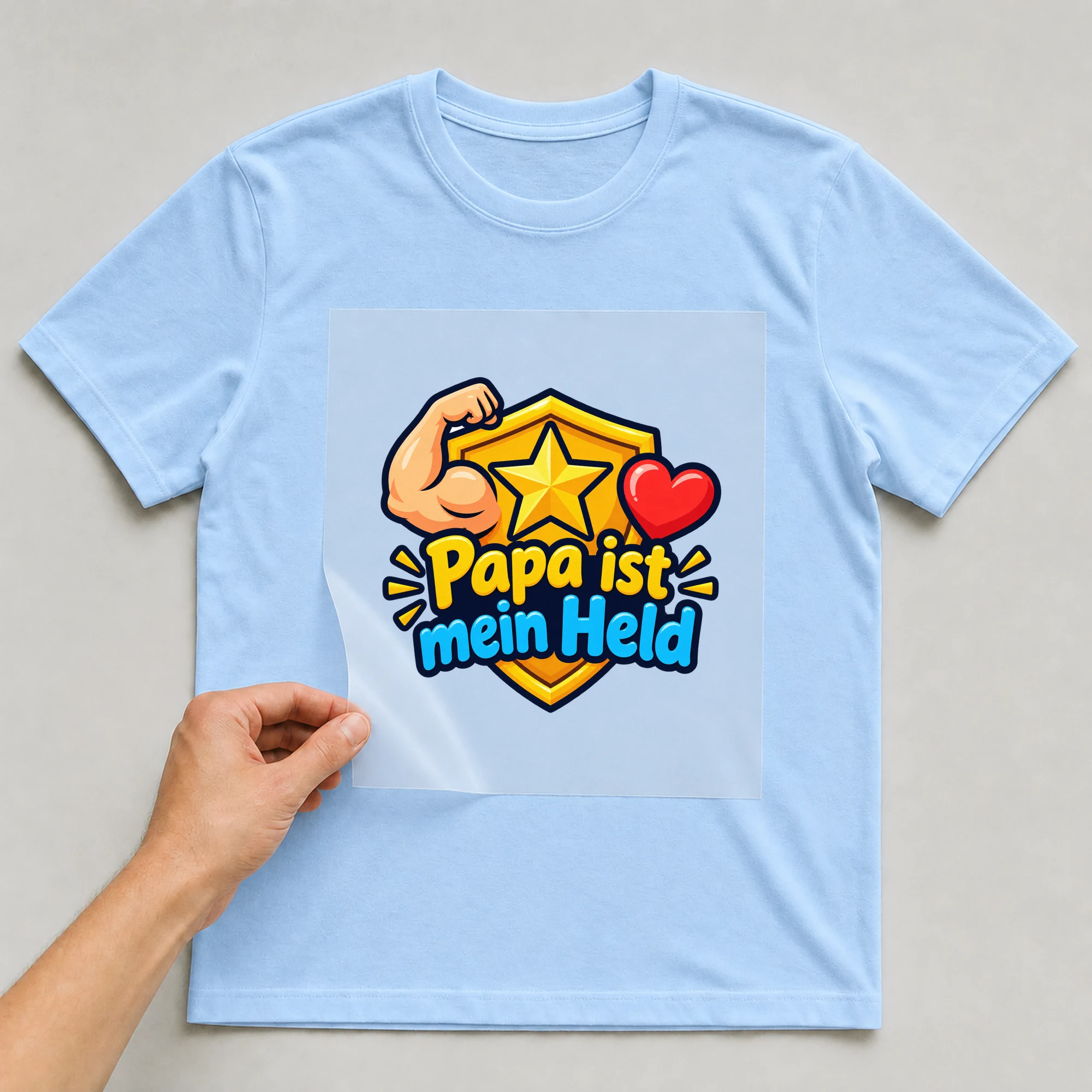 Bügelbild „Papa ist mein Held“ auf babyblauem T-Shirt, Folie wird aufgelegt