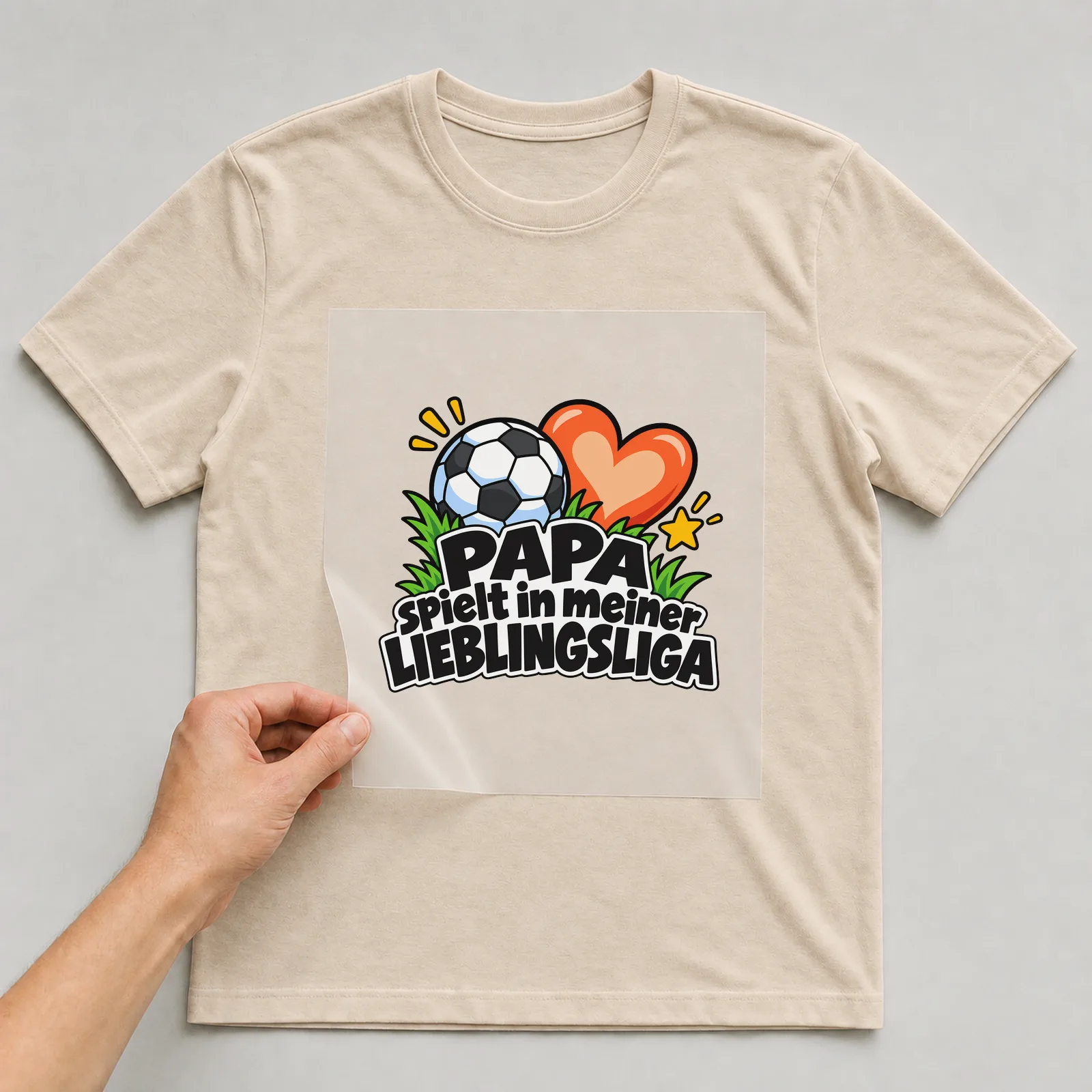 Bügelbild „PAPA spielt in meiner LIEBLINGSLIGA“ auf beigem T-Shirt, Folie wird aufgelegt