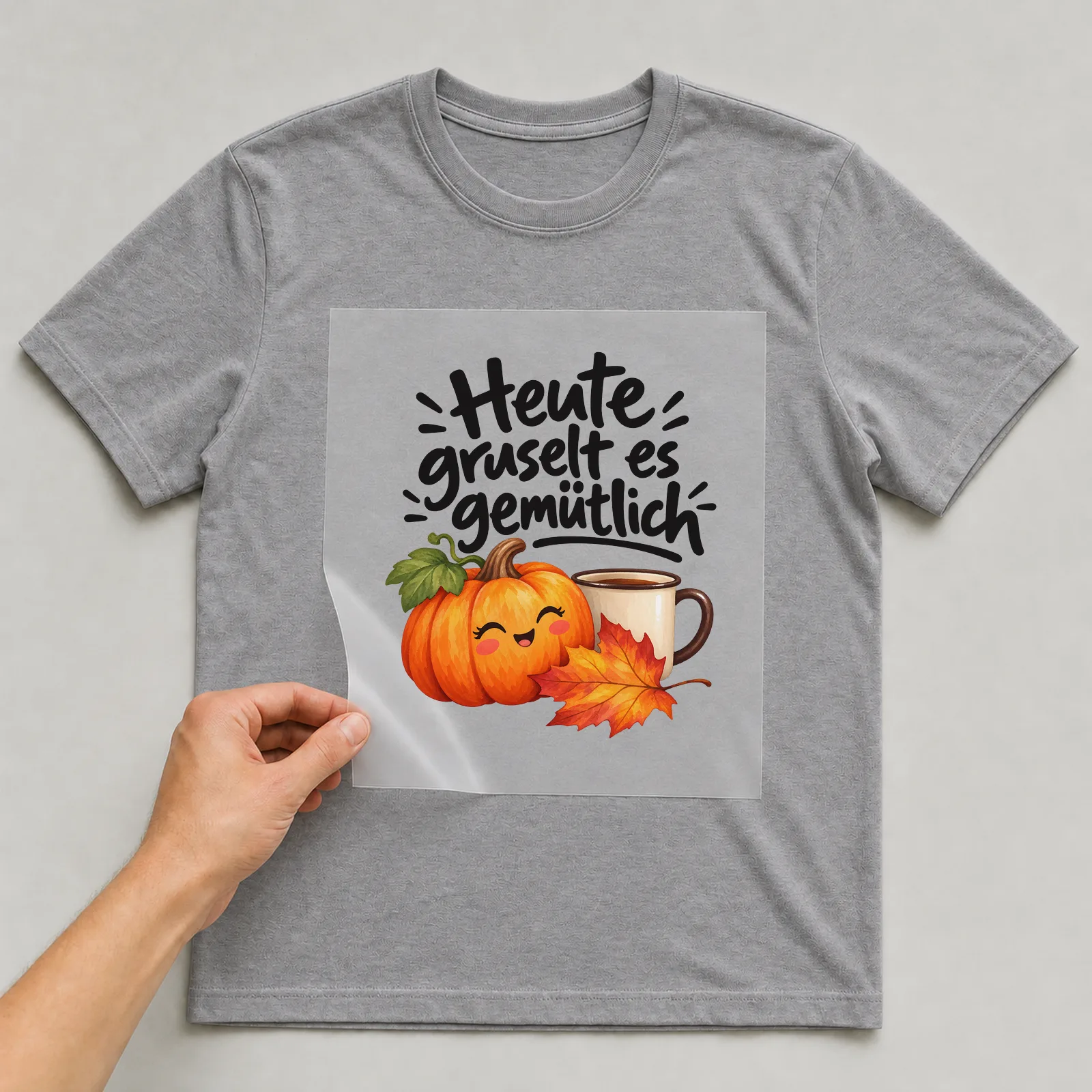 Bügelbild „Heute gruselt es gemütlich“ auf grauem T-Shirt, Folie wird aufgelegt